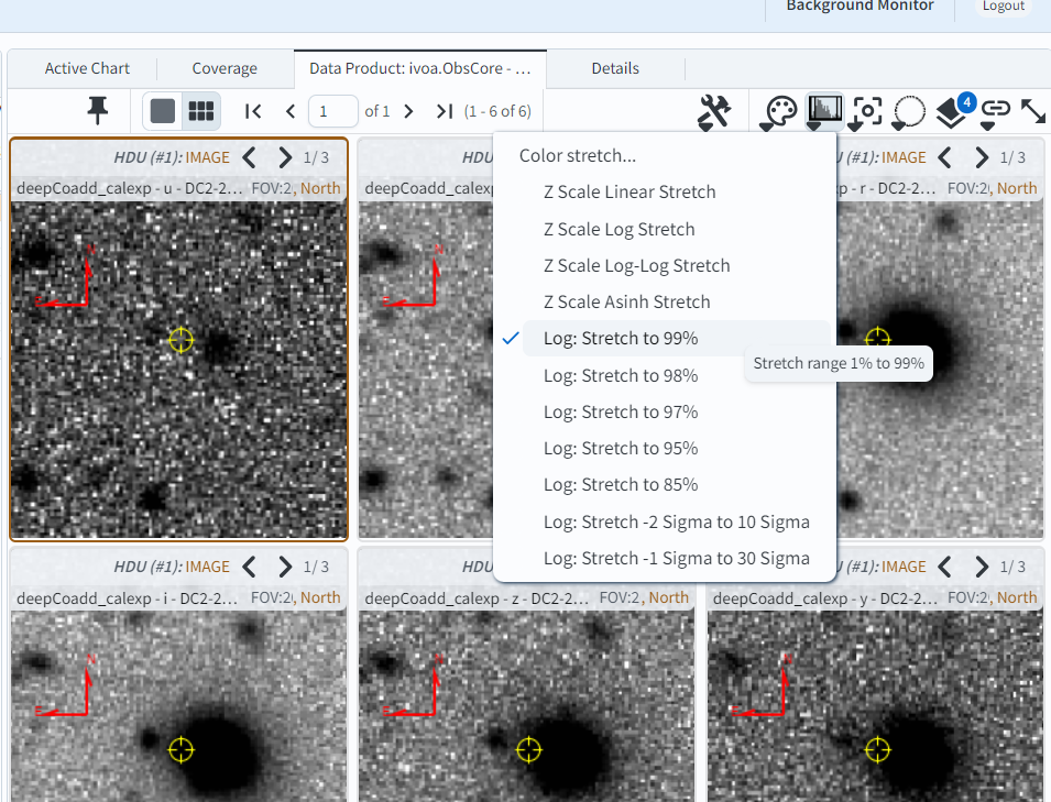 Six panel displays each of which shows a close up zoom of the supernova and possible host galaxy. To the right of the display is a pop-up window to modify the settings for the images.  The settings allows the user to select type type of stretch and the range used for the stretch.