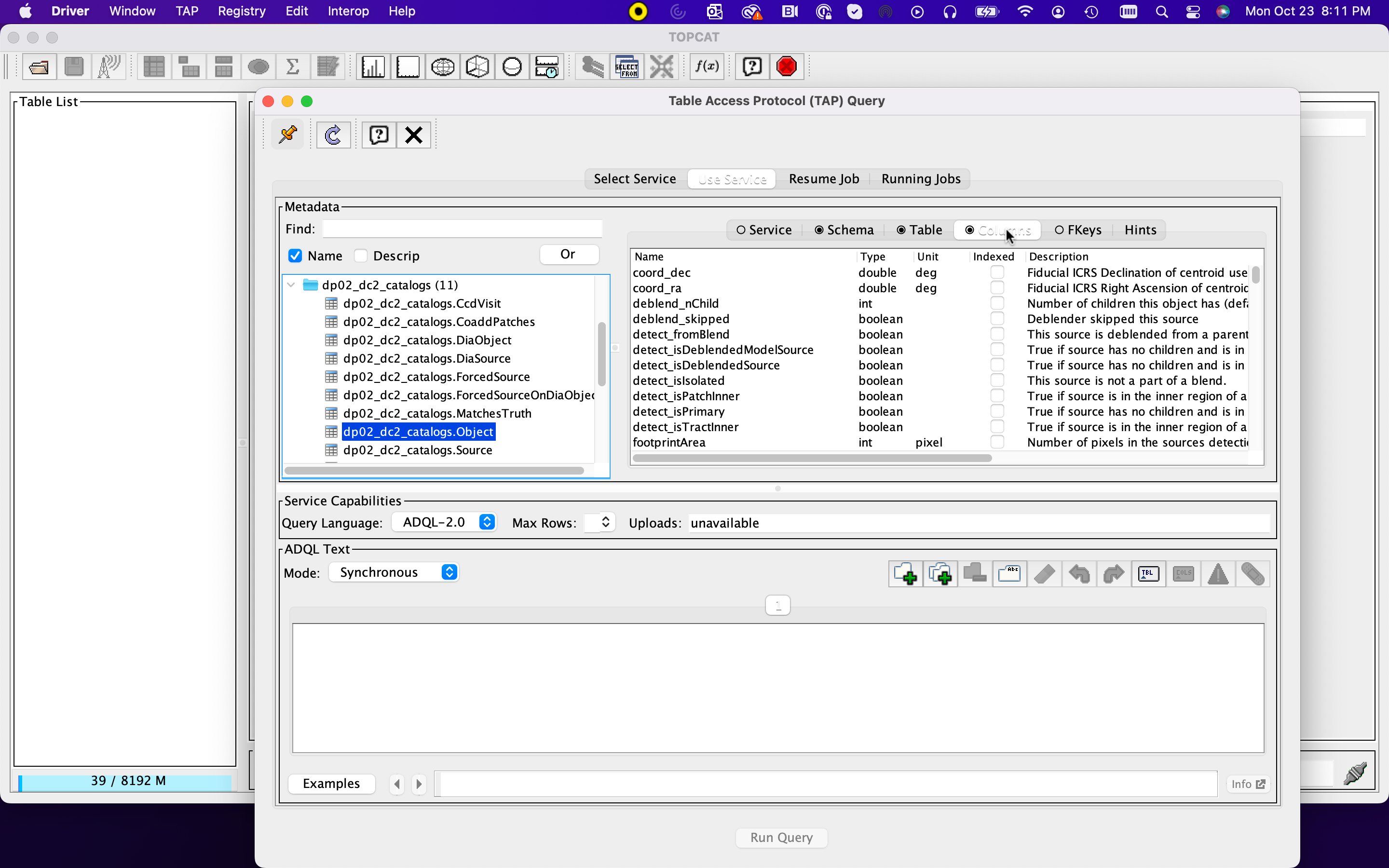 A screenshot of the Table Access Protocol (TAP) Query window in front of the main TOPCAT window. The Table Access Protocol (TAP) Query window shows three panels, stacked vertically.  The top panel is the Metadata panel, and it shows the `dp02_dc2_catalogs.Object` table highlighted in blue within the list of DP0.1 and DP0.2 schemas and tables in the left sub-panel, and a list of names, types, units, index checkboxes, and descriptions for each column of the `dp02_dc2_catalogs.Object` table in the right sub-panel. The middle panel is the Service Capabilities panel, and it shows that the available Query Language is ADQL-2.0.  The bottom panel is the ADQL Text panel, and it indicates the current Mode is Synchronous; the bottom panels text box is currently empty.