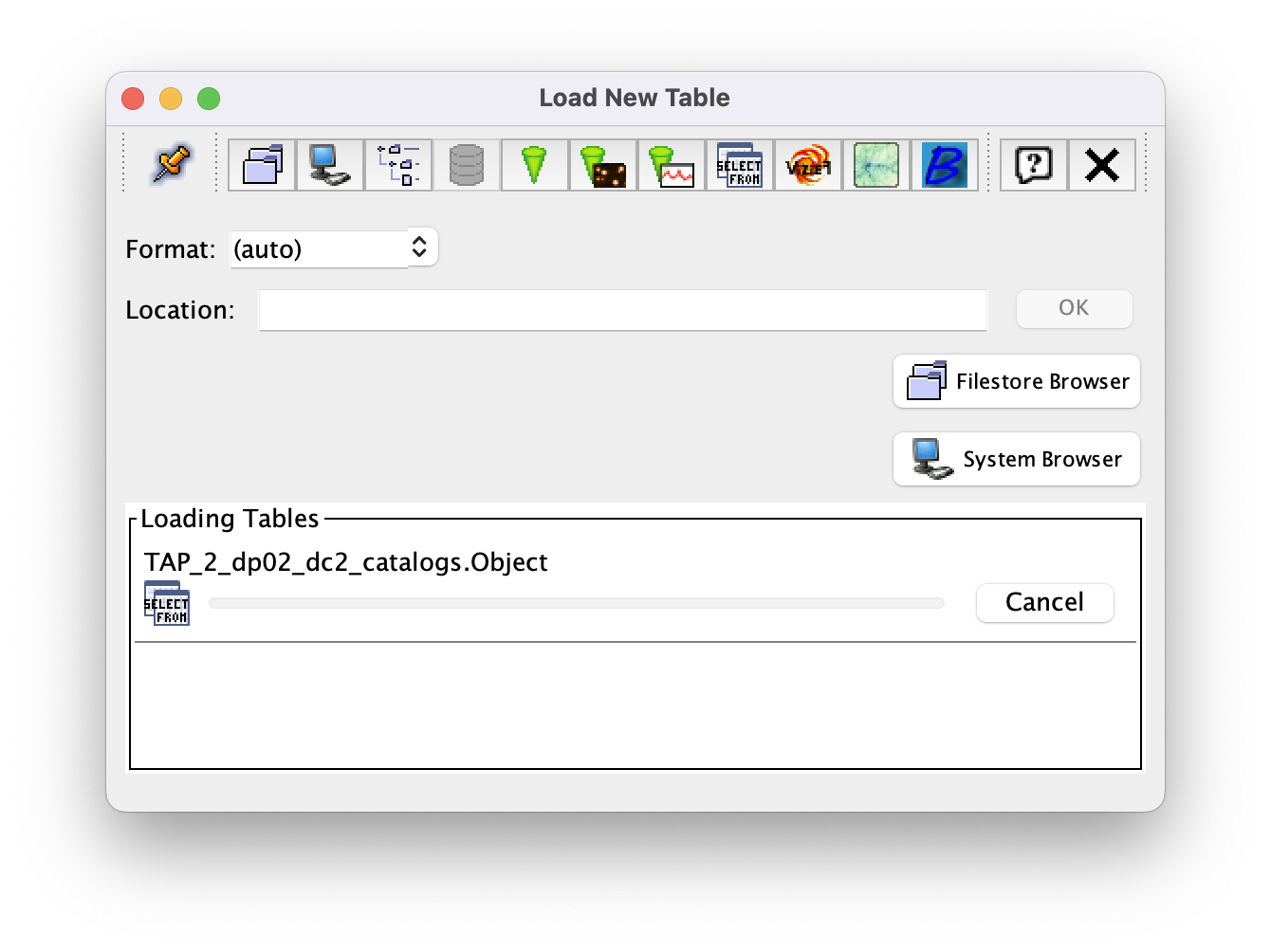 A screenshot of the Load New Table window. It indicates that a new table, called TAP_1_dp02_dc02_catalogs.Object, is being loaded into TOPCAT.