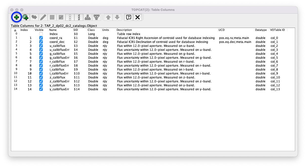 A screenshot of the Table Columns window. It lists the name the class, the datatype, and, if available, the units and description of each of the columns in the table.