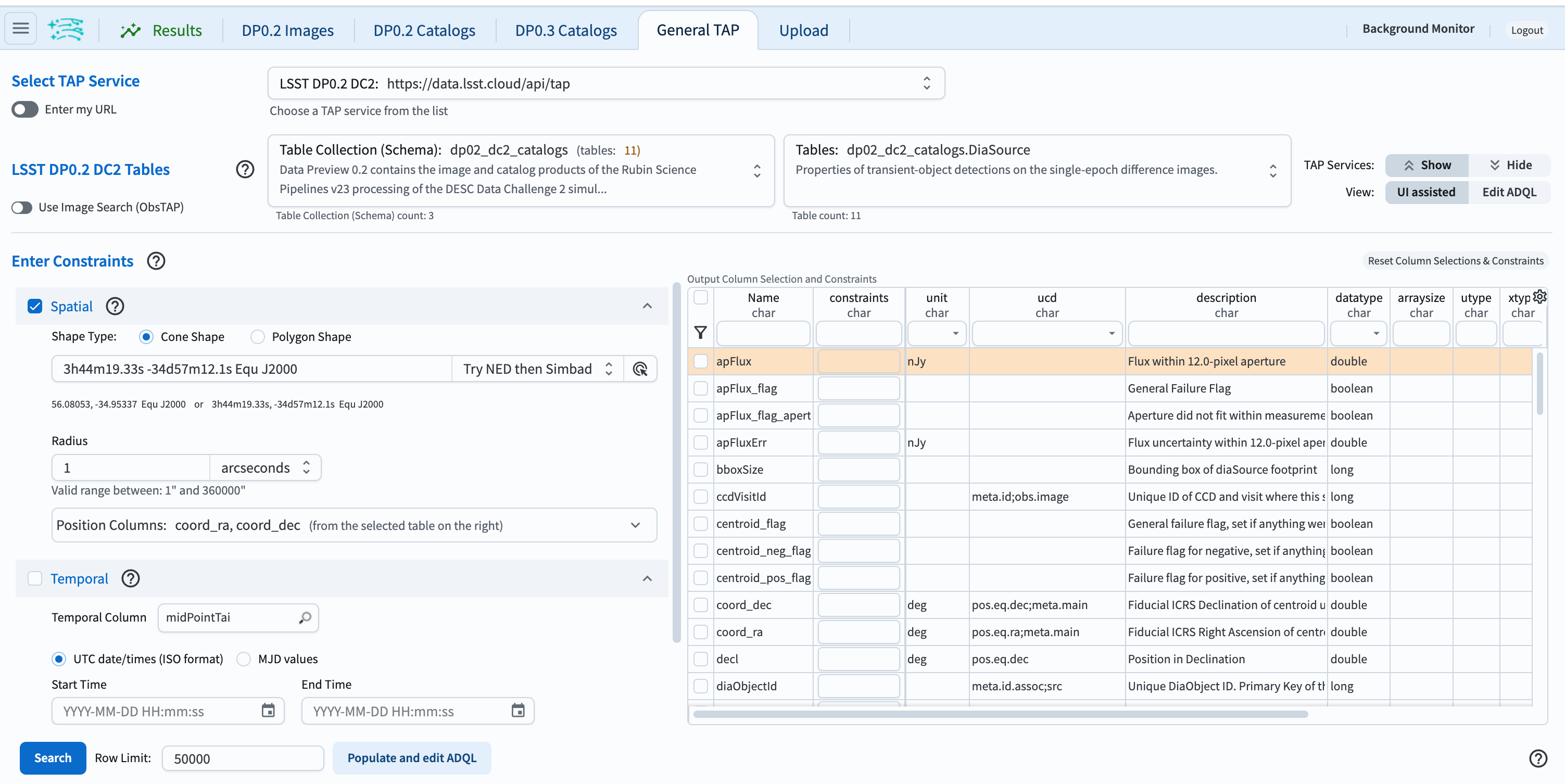 A screenshot of the General TAP page with the "dp02_dc2_catalogs.DiaSource" catalog selected, pre-populated coordinates for the selected source, and the search radius set to 1 arcsecond.