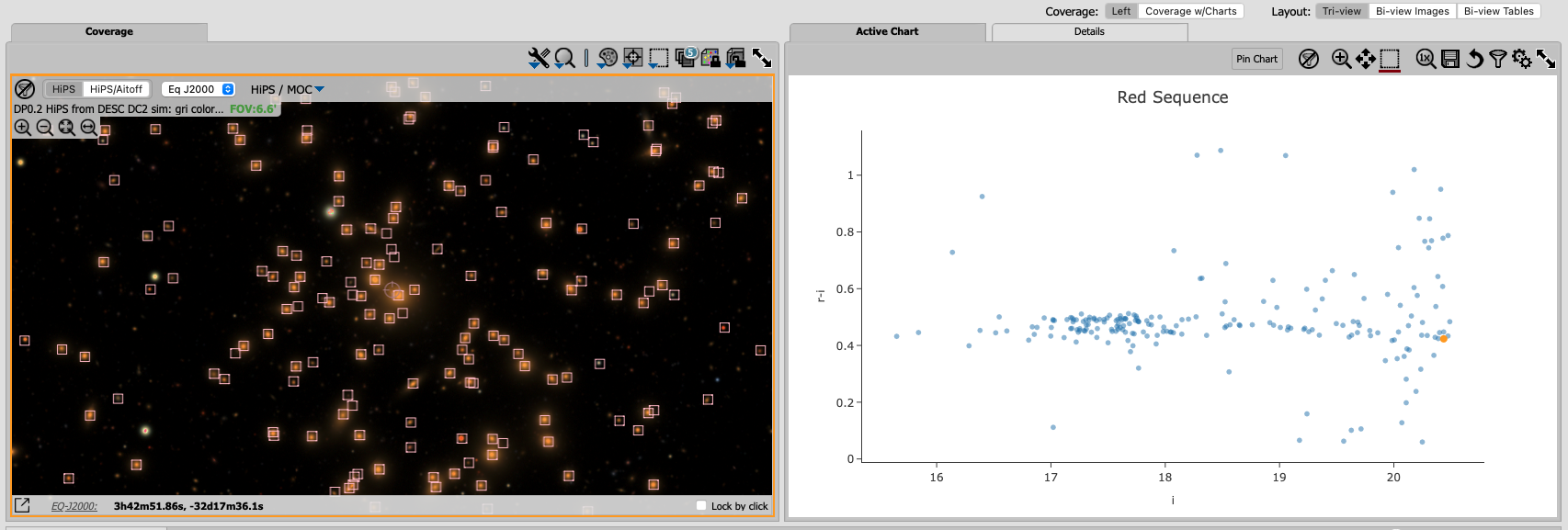 A screenshot of the coverage and red sequence in a color-magnitude diagram with cluster members highlighted.