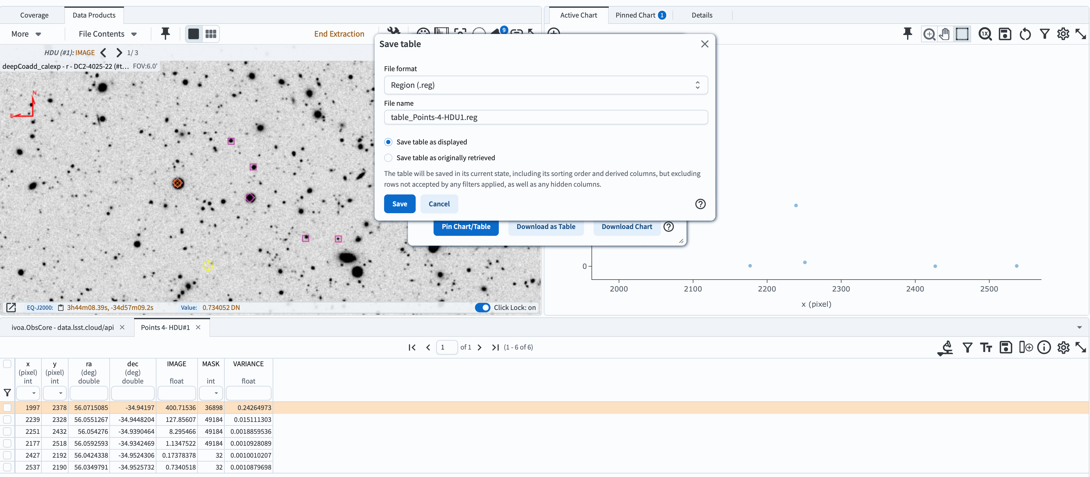 A screenshot displaying six selected points on the image (left panel), in the active chart (right panel), and in the pinned table (bottom panel), with a pop-up window offering options for file format and naming for saving.