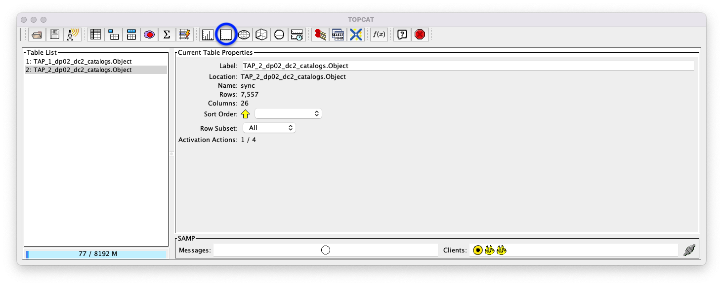 A screenshot of the main TOPCAT window.  It is composed of four main parts. 1. A row of icons along the top of the window.  2. A Table List panel on the left of the window; this currently shows two tables, called TAP_1_dp02_dc02_catalogs.Object and TAP_1_dp02_dc02_catalogs.Object; the second table is highlighted. 3. A Current Table Properties panel on the right of the window. 4. A small SAMP panel just below the Current Table Properties panel. The Plane plotting window icon is circled in blue.