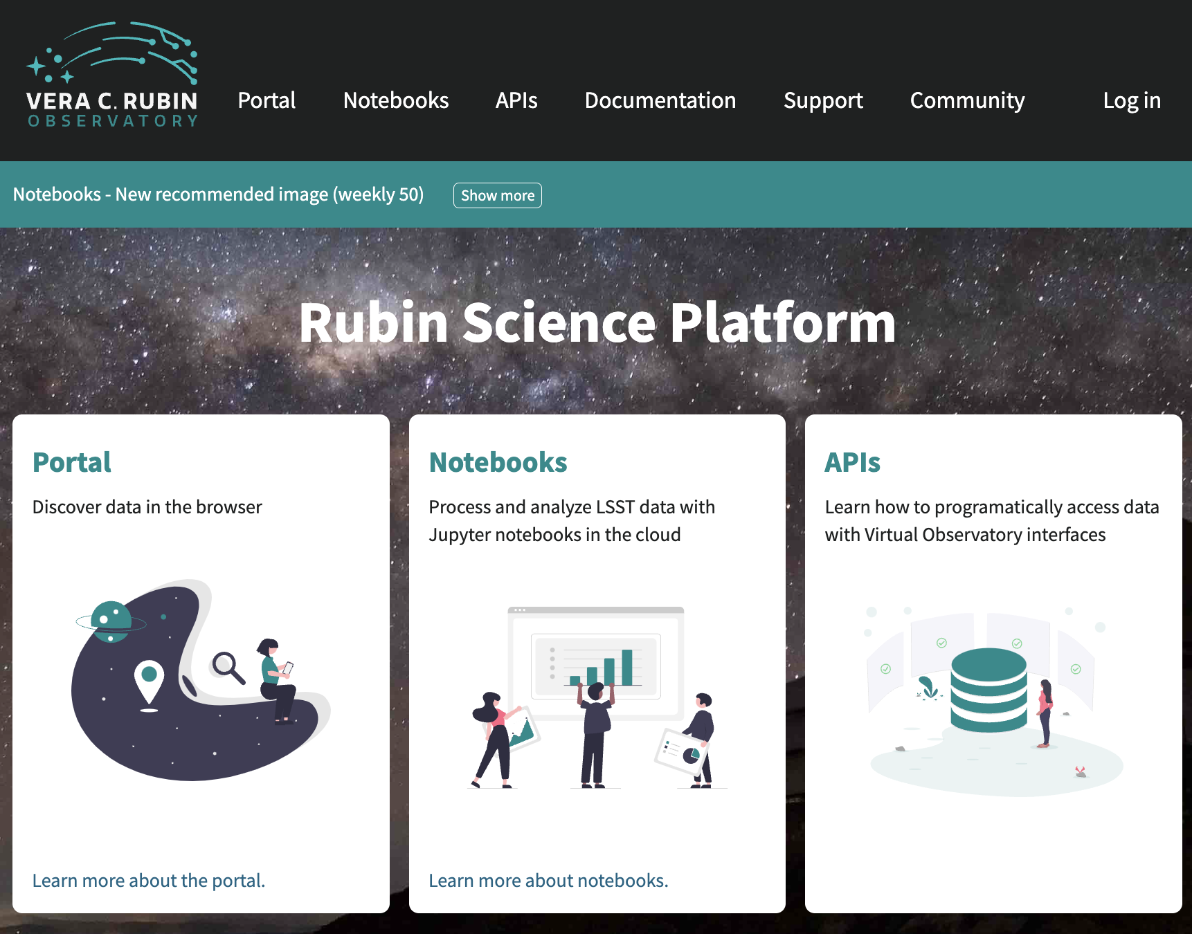 The main landing page of the Rubin Science Platform, showing log in at upper right and three panels, one for each aspect: the Portal the Notebooks and the API.