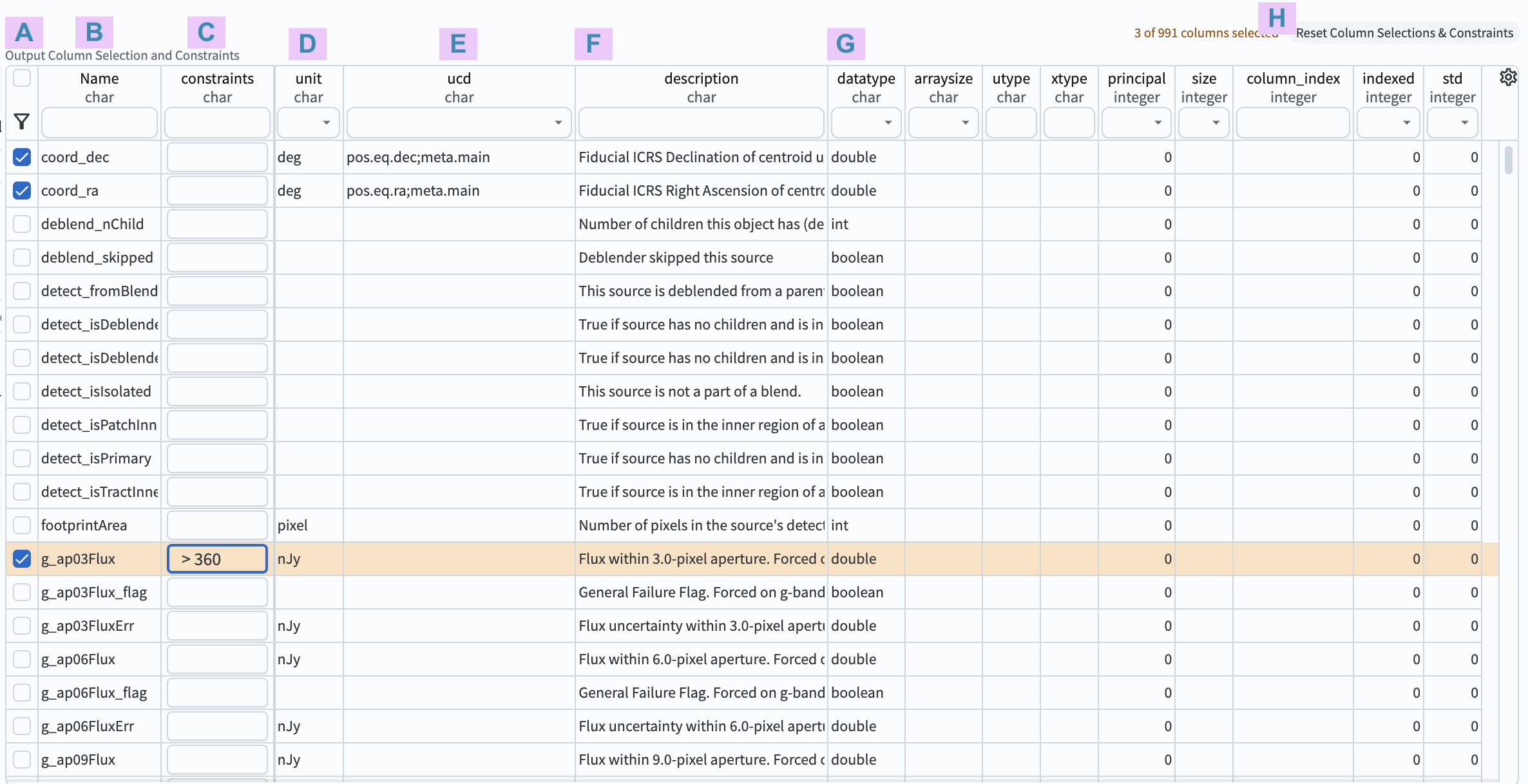 The schema interface, showing how to select columns to include in the results, and how to place constraints on column values.