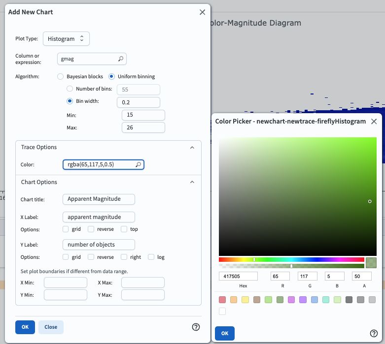 A screenshot of the plot parameters pop-up window showing how the parameters should be set to create the histogram.