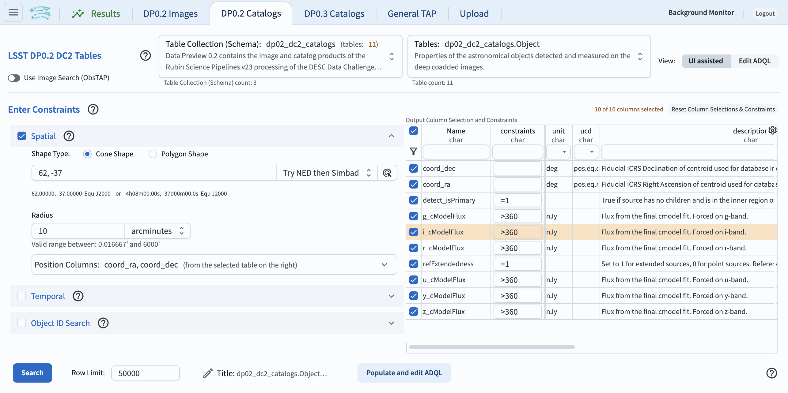 The Portal UI with a spatial query for bright, extended objects set up.