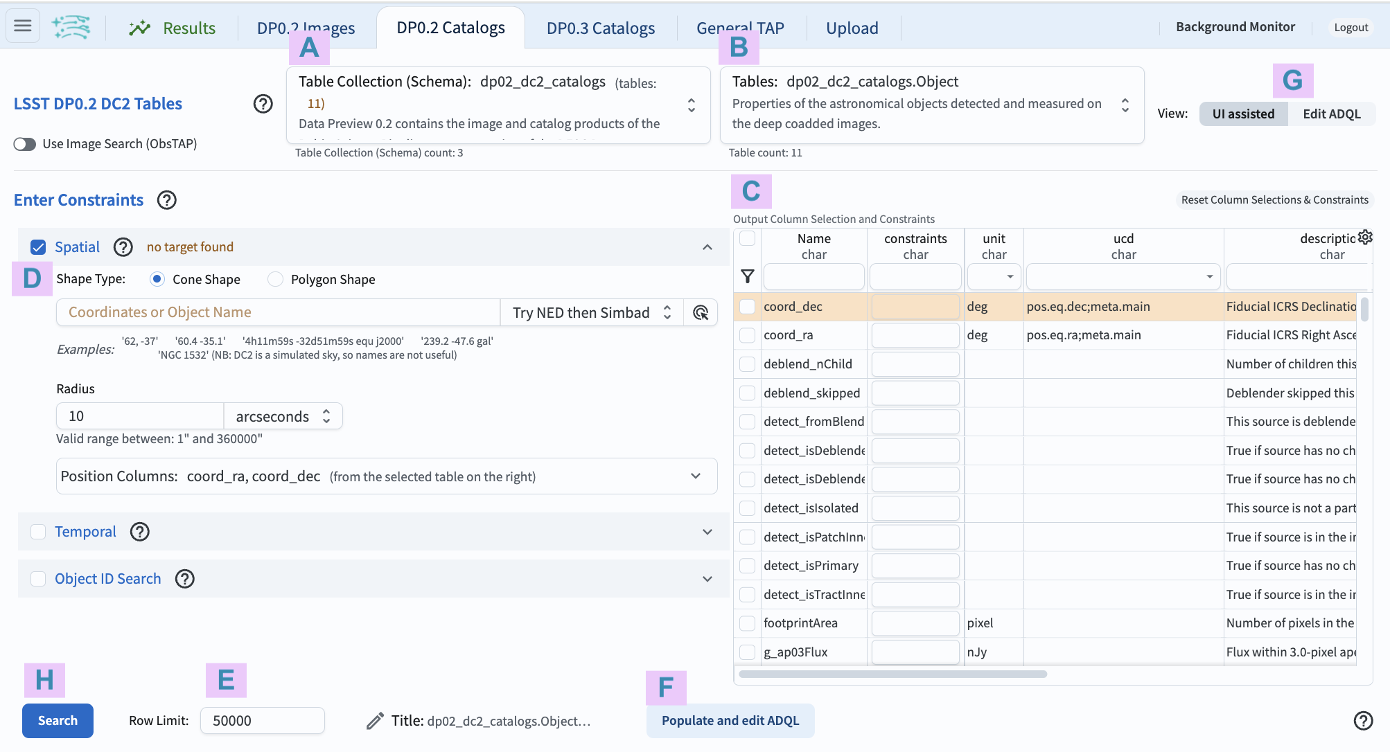 The graphical user interface for the Portal, offering drop-down menus to select catalogs and tables, entry fields for temporal and spatial constraints, and an interative view of the selected table schema.