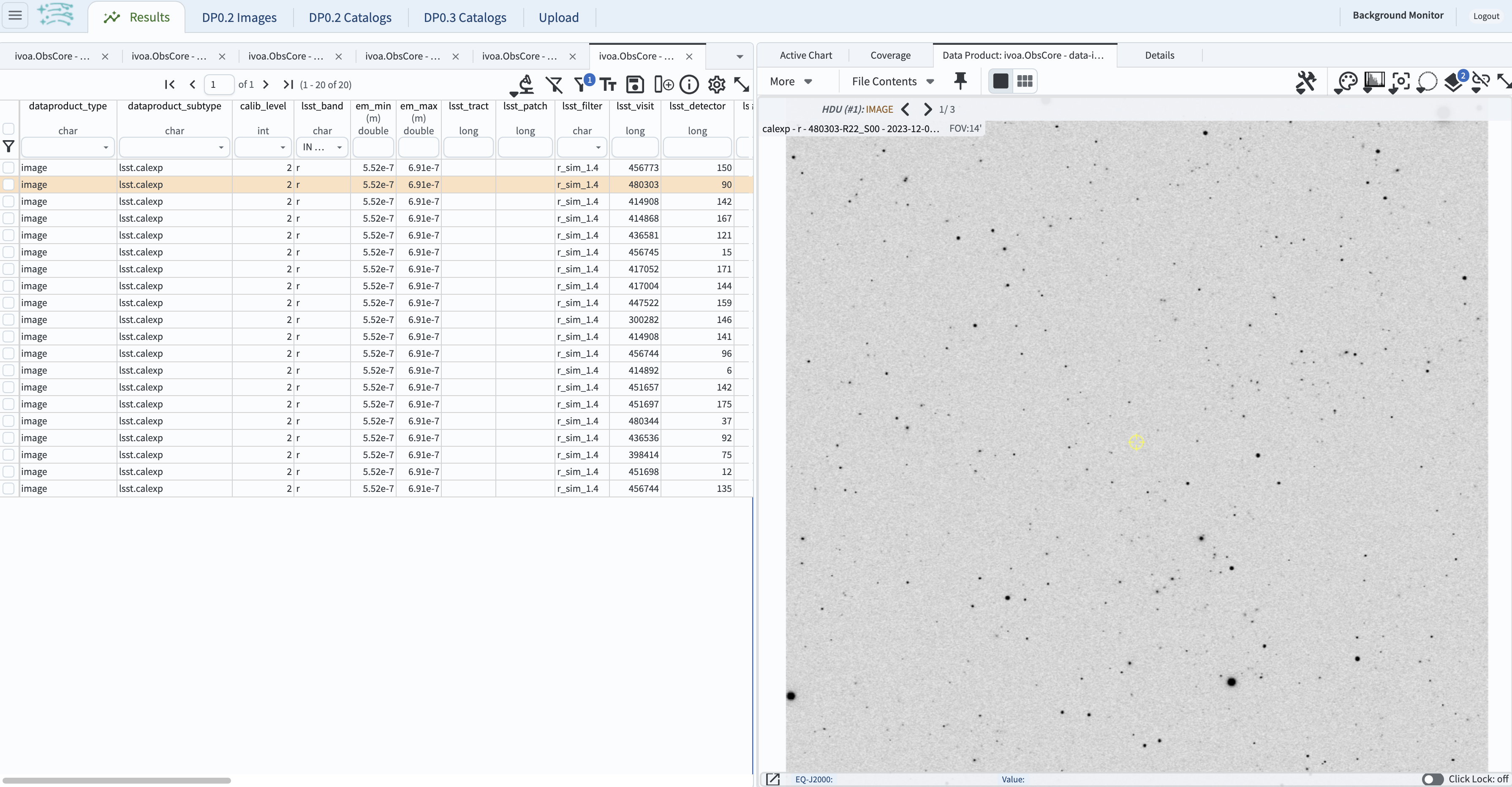 Screenshot of a portal query.  The left image shows and image of the sky.  The right image shows the data table with one row selected, that row selects the image on the left. Display of the image in row two of the table (with the view format set to "Tables / Coverage Images Charts").