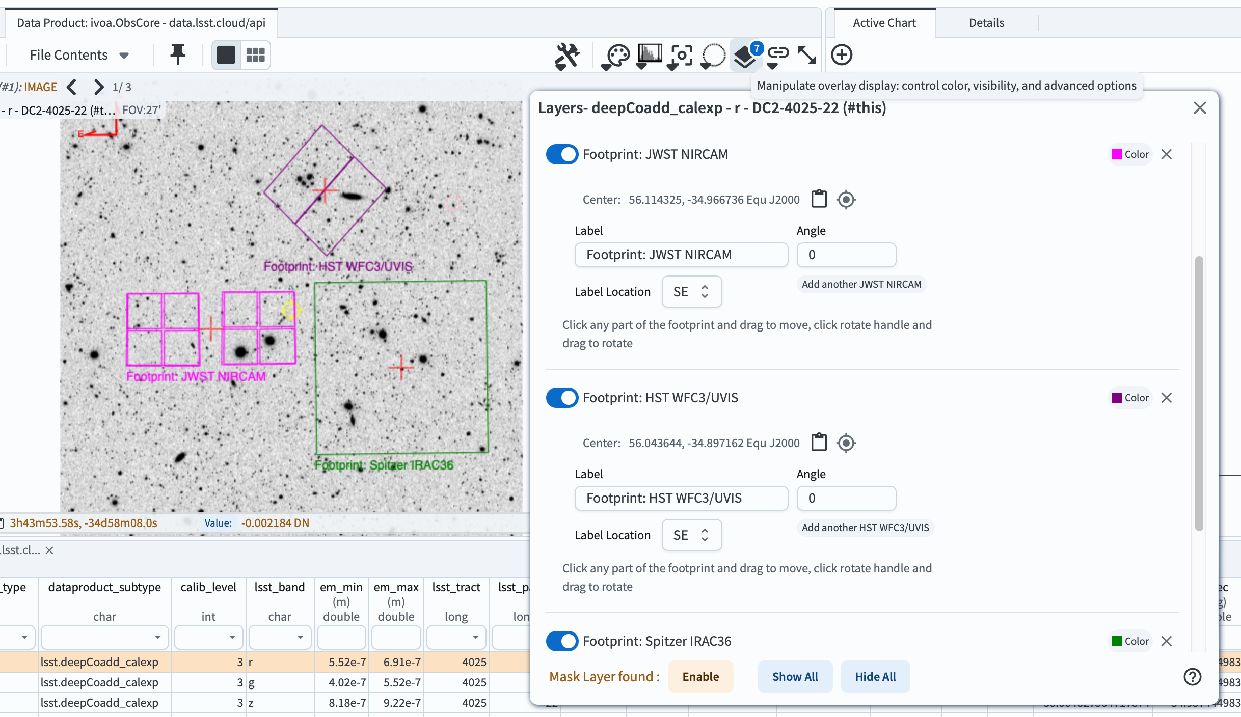 A screenshot demonstrating how to overlay footprints from various observatories and instruments onto the image.