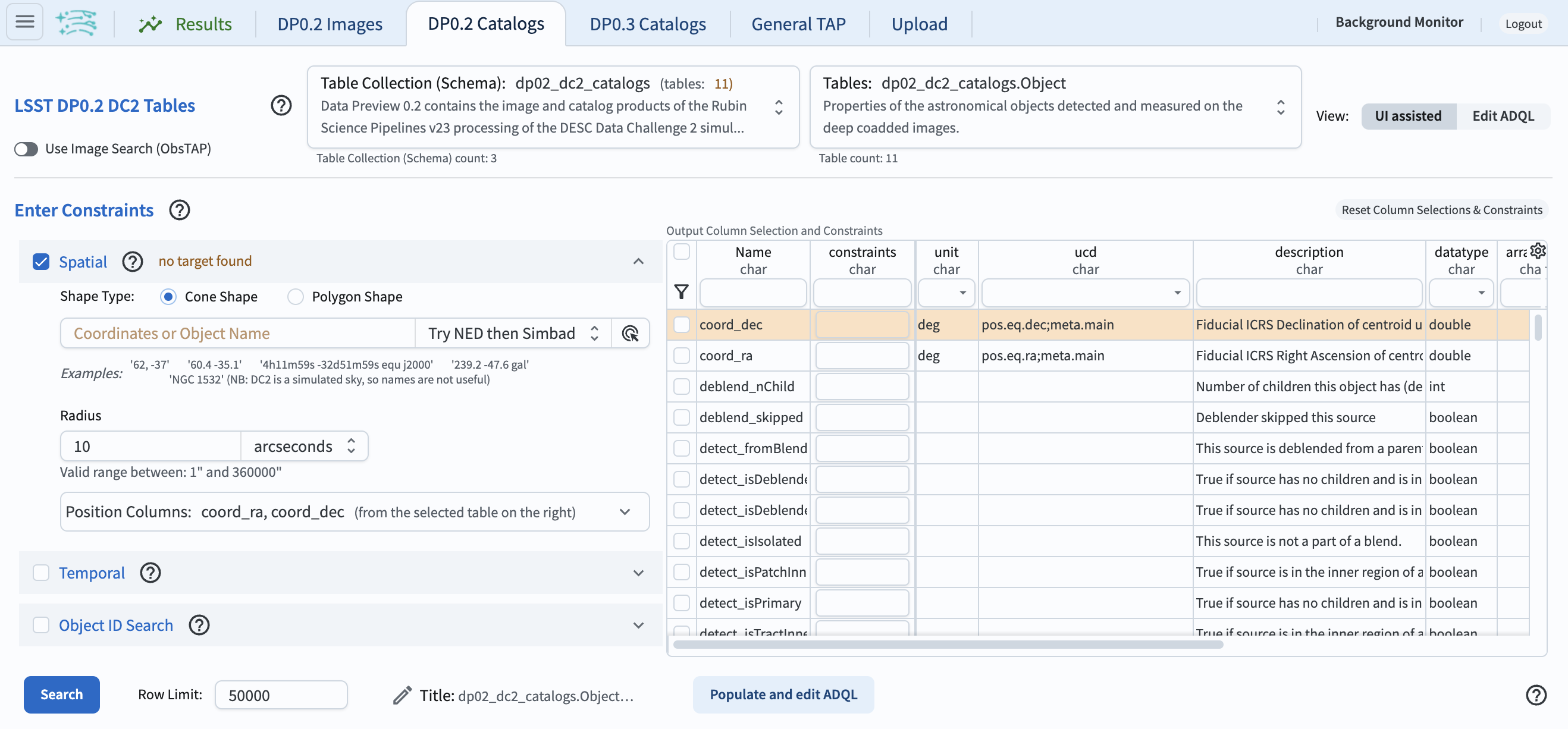 The Portal UI with no constraints set.