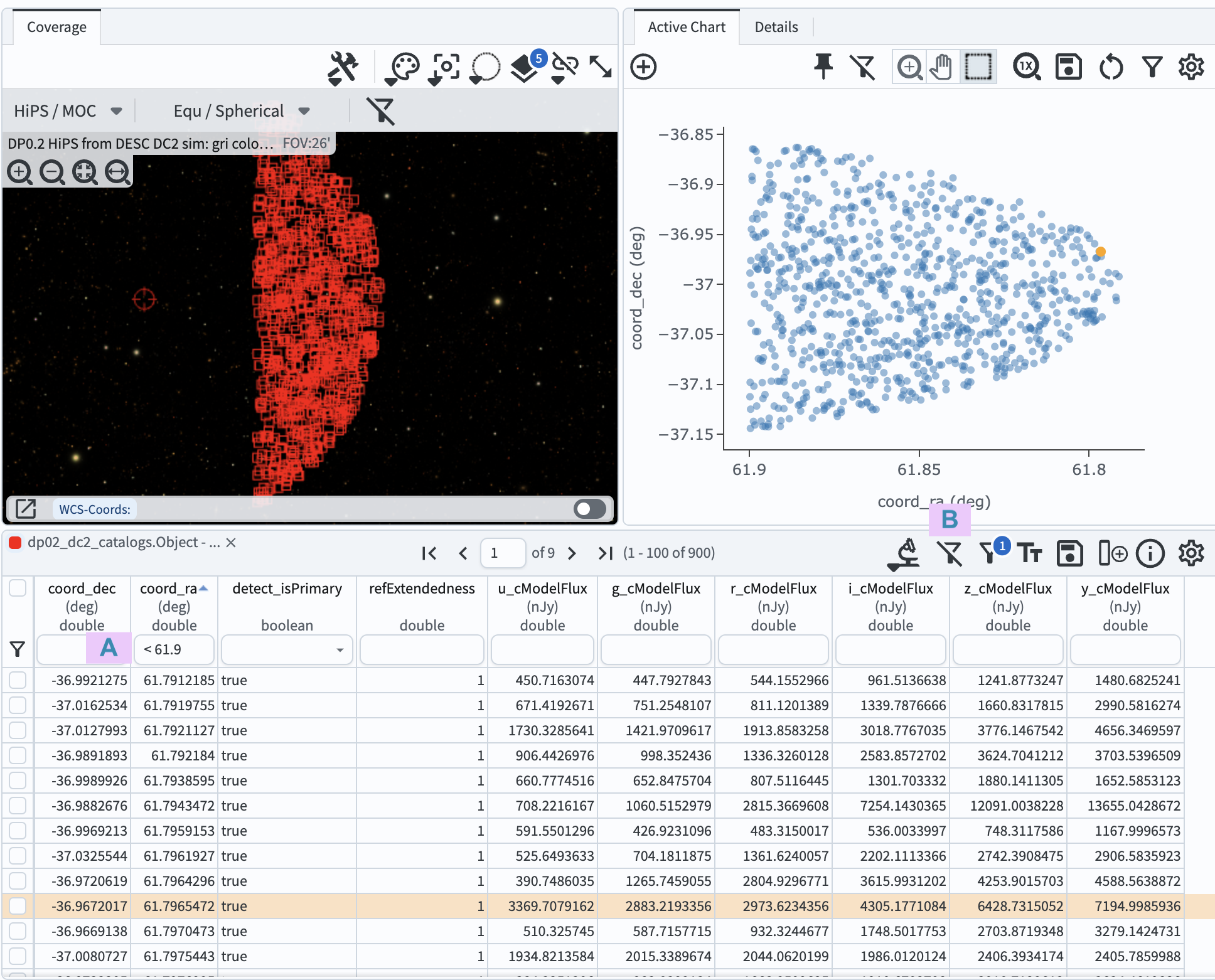 The full Results tab when rows have been filtered by the right ascension coordinate.