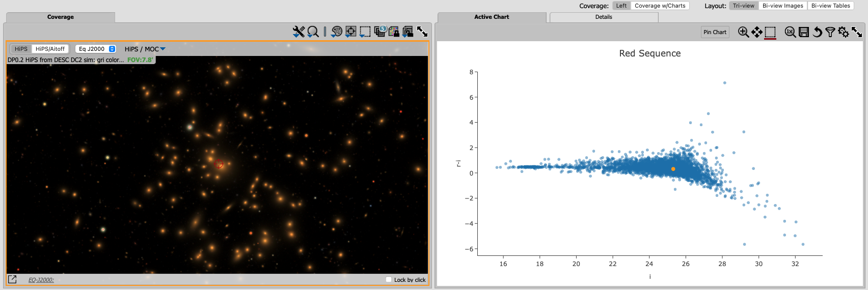 A screenshot of the coverage and red sequence in a color-magnitude diagram.