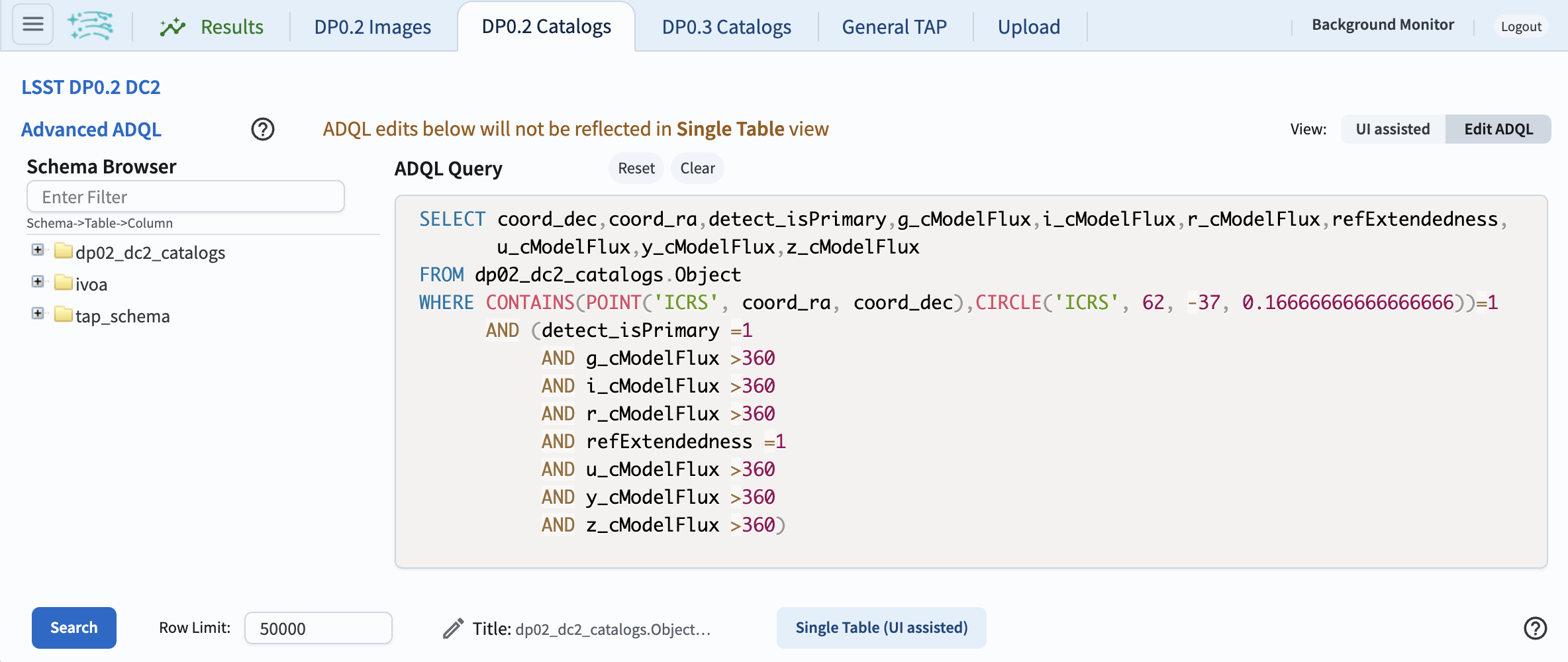 The Portal UI with a spatial query for bright, extended objects converted from the UI to ADQL.