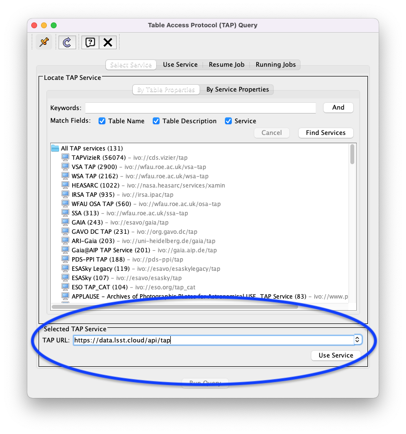 A screenshot of the the Table Access Protocol (TAP) Query window in which the value for the TAP URL has been filled in with the URL https://data.lsst.cloud/api/tap . A blue oval indicates the location of the Selected TAP Service panel in the window.