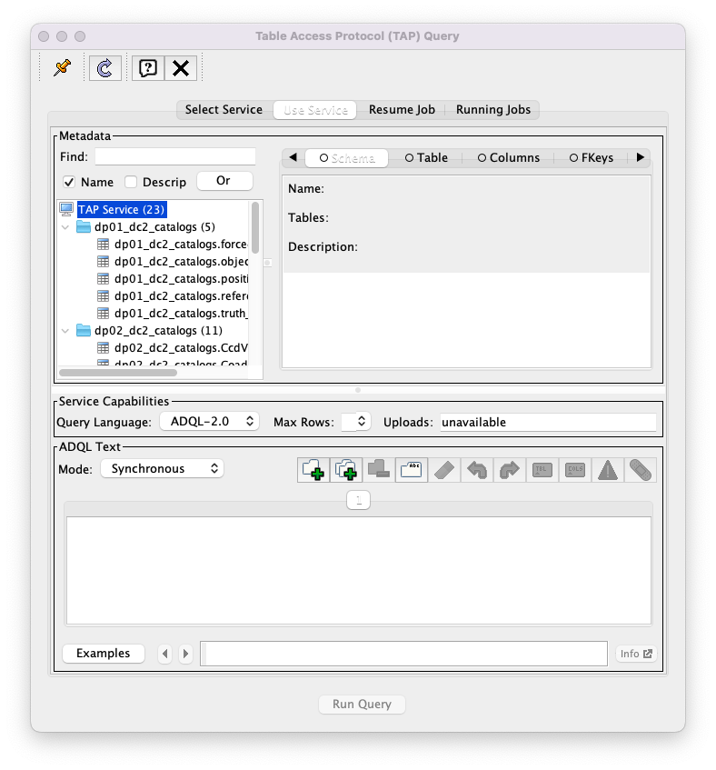 A screenshot of the Table Access Protocol (TAP) Query window. The Table Access Protocol (TAP) Query window now shows three panels, stacked vertically. The top panel is the Metadata panel, and it shows a list of DP0.1 and DP0.2 schemas and tables that are available to query. The middle panel is the Service Capabilities panel, and it shows that the available Query Language is ADQL-2.0. The bottom panel is the ADQL Text panel, and it indicates the current Mode is Synchronous; the bottom panels text box is currently empty.