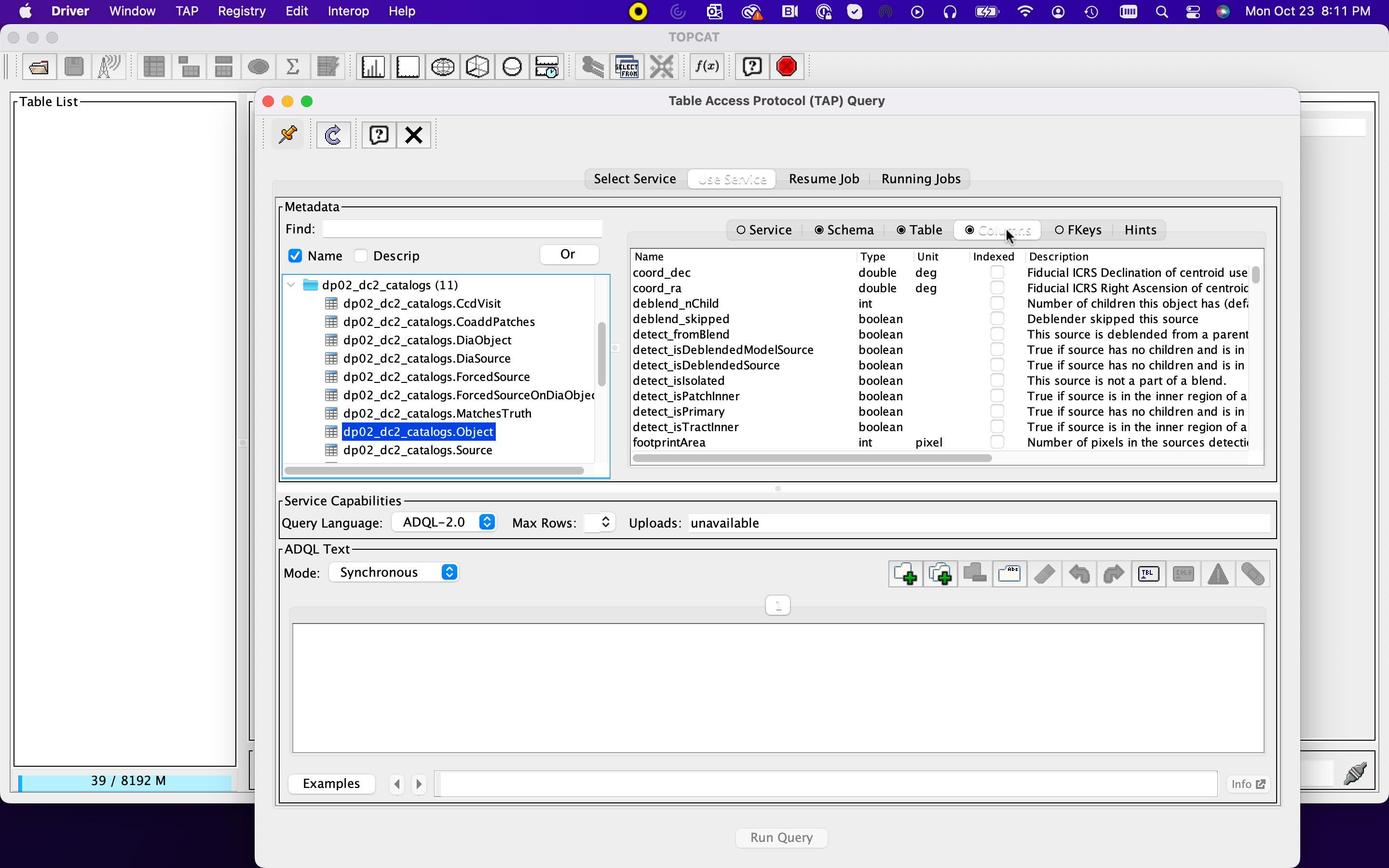 A screenshot of the Table Access Protocol (TAP) Query window in front of the main TOPCAT window. The Table Access Protocol (TAP) Query window shows three panels, stacked vertically. The top panel is the Metadata panel, and it shows the `dp02_dc2_catalogs.Object` table highlighted in blue within the list of DP0.1 and DP0.2 schemas and tables in the left sub-panel, and a list of names, types, units, index checkboxes, and descriptions for each column of the `dp02_dc2_catalogs.Object` table in the right sub-panel. The middle panel is the Service Capabilities panel, and it shows that the available Query Language is ADQL-2.0. The bottom panel is the ADQL Text panel, and it indicates the current Mode is Synchronous; the bottom panels text box is currently empty.