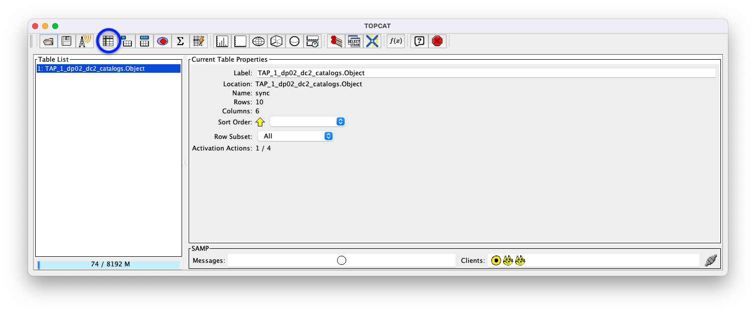 A screenshot of the main TOPCAT window. It is composed of four main parts. 1. A row of icons along the top of the window. 2. A Table List panel on the left of the window; this currently shows one table, called TAP_1_dp02_dc02_catalogs.Object, and it is highlighted. 3. A Current Table Properties panel on the right of the window. 4. A small SAMP panel just below the Current Table Properties panel. The "Display table cell data" icon is indicated by a blue circle.