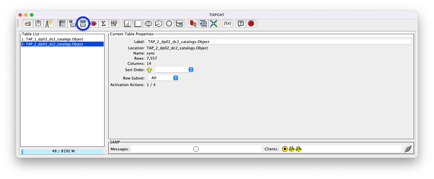 A screenshot of the main TOPCAT window. It is composed of four main parts. 1. A row of icons along the top of the window. 2. A Table List panel on the left of the window; this currently shows two tables, called TAP_1_dp02_dc02_catalogs.Object and TAP_1_dp02_dc02_catalogs.Object; the second table is highlighted. 3. A Current Table Properties panel on the right of the window. 4. A small SAMP panel just below the Current Table Properties panel. The "Display column metadata" icon circled in blue.