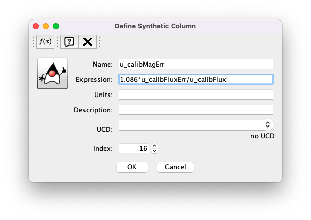 A screenshot of the Define Synthetic Column window. Shown are the user-input values for the name and the expression for the column. In this particular case, the name is u_calibMagErr and the expression is the equation for converting flux and error in the flux to error in magnitude.