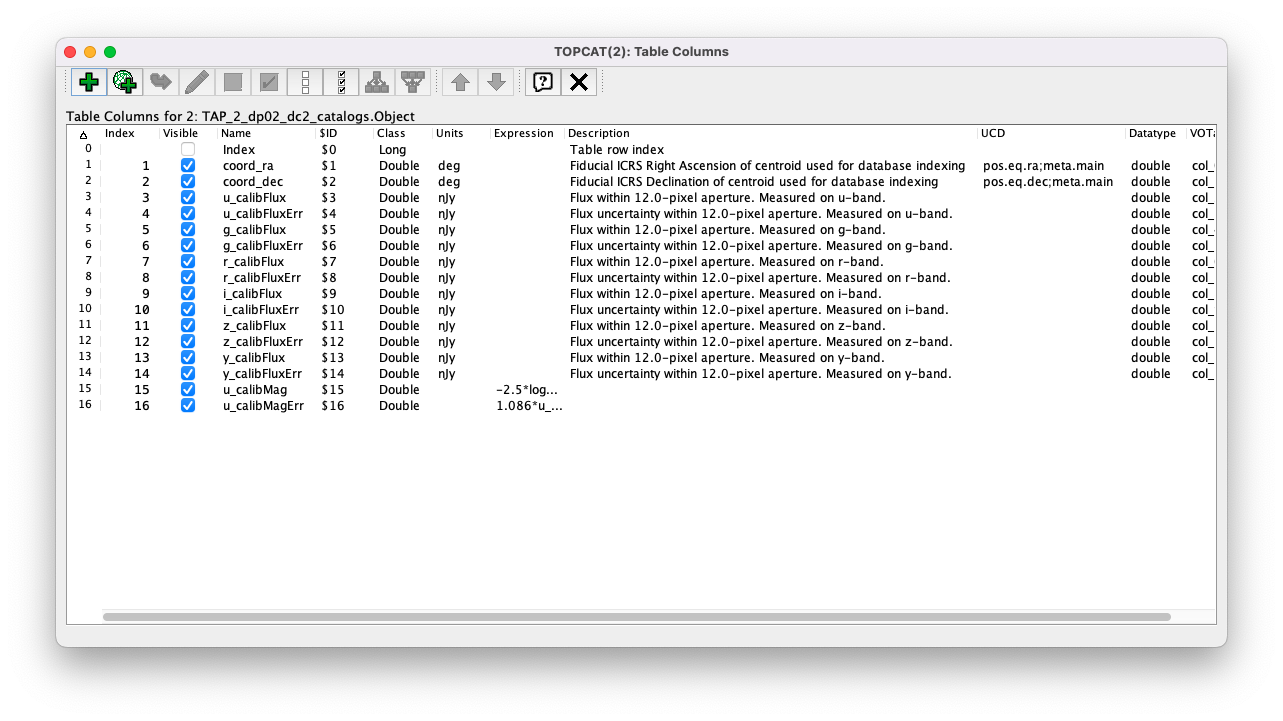 A screenshot of the Table Columns window. It lists the name the class, the datatype, and, if available, the units and description of each of the columns in the table. Here, it lists the original columns for Table 2 plus the two new u-band columns just added, u_calibMag and u_calibMagErr, and the expressions used to derive them.