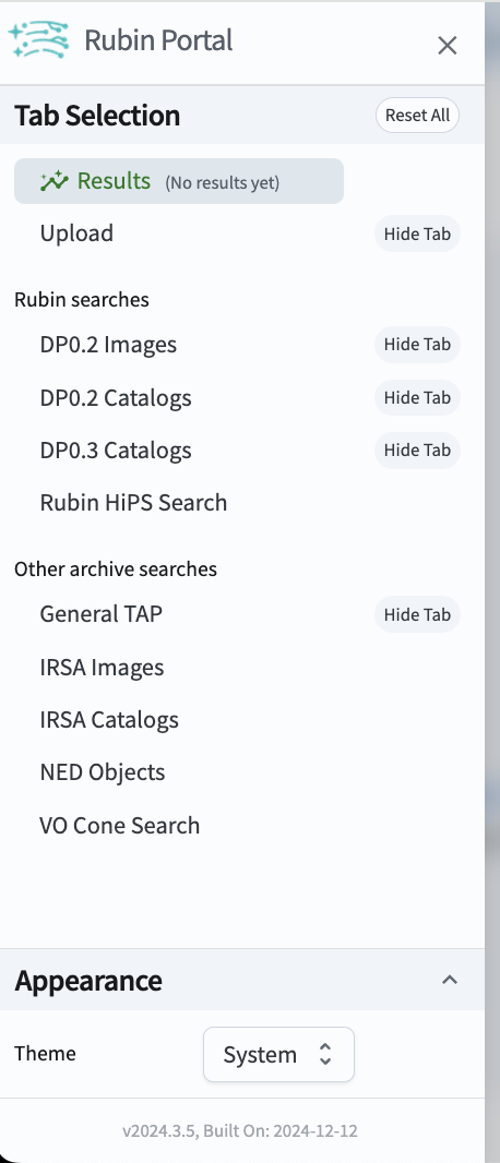 The sidebar menu of the Portal Aspect, showing options in addition to the tabs.