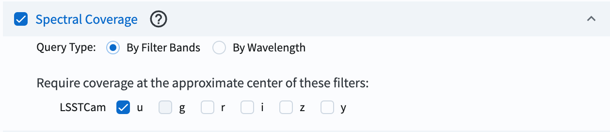 A screenshot showing how to constrain spectral coverage in an image query.