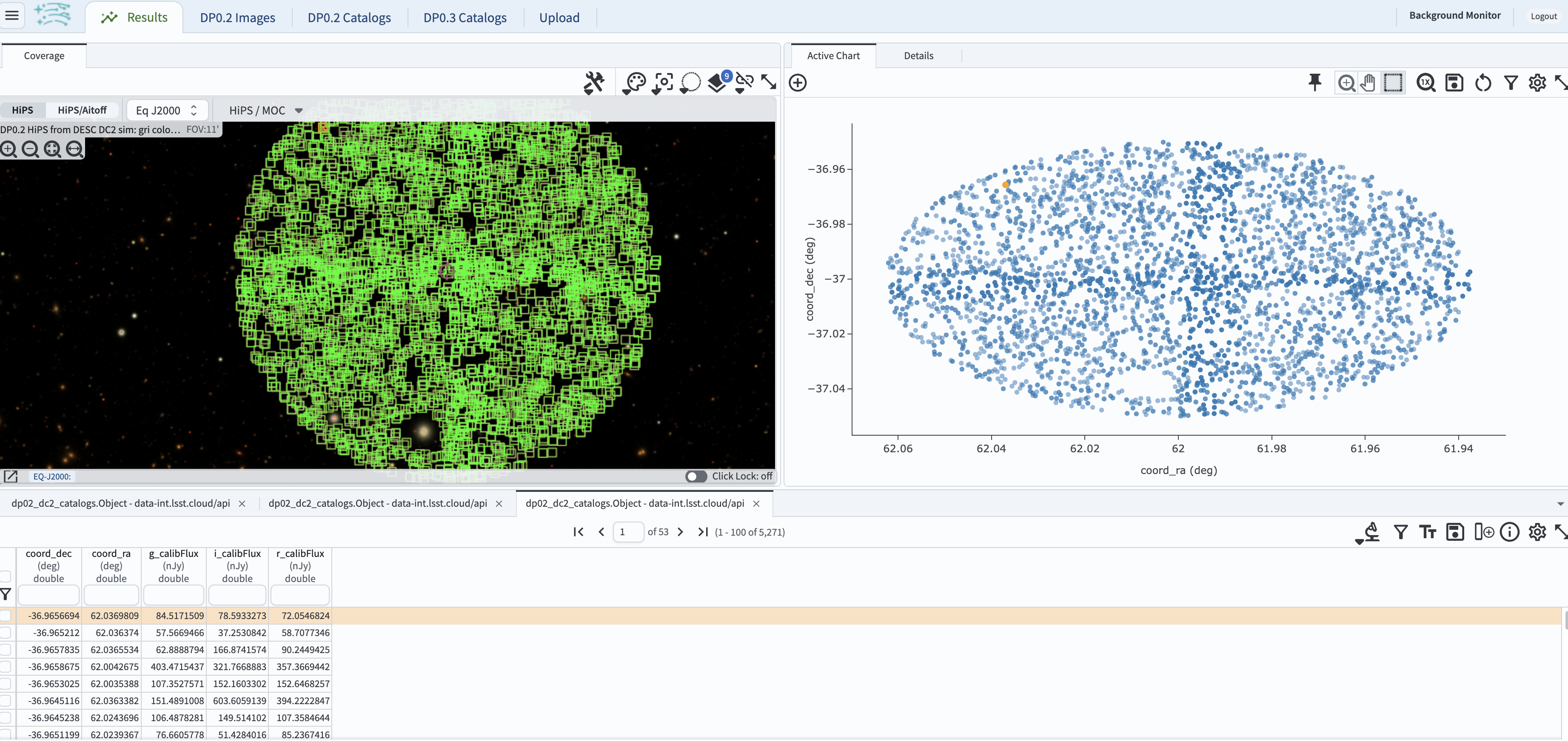 Rubin science platform portal search results are displayed in this image. The left top panel shows an image of the sky. The right to panel has a scatter plot of objects and the bottom panel shows the data table from the search.