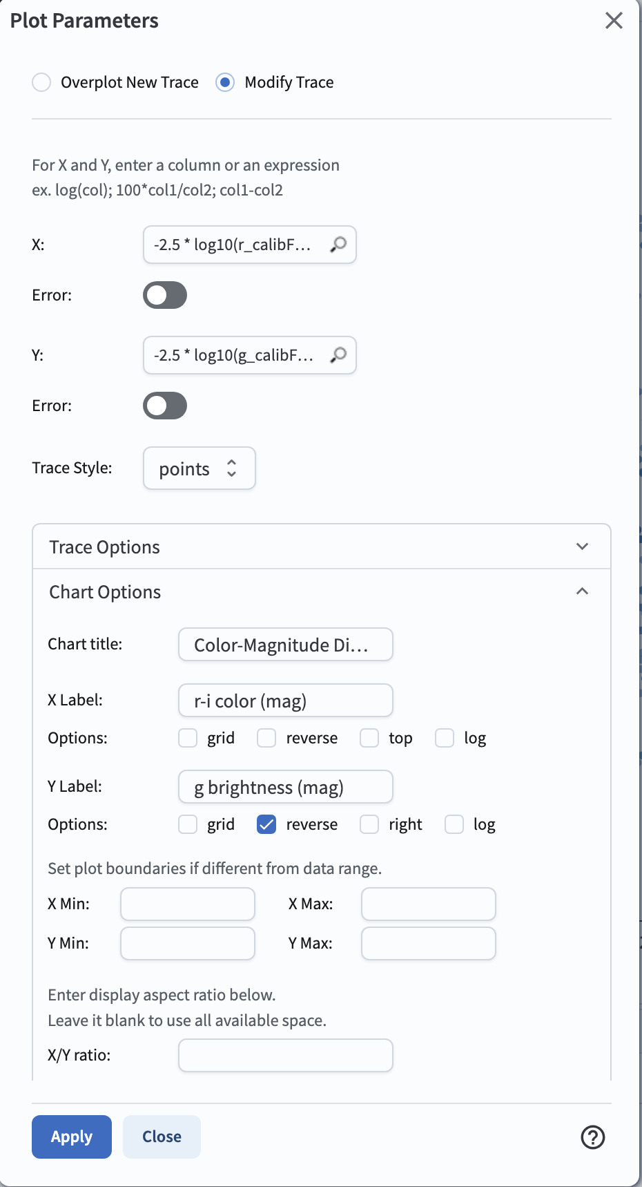 Screenshot of the plot settings pop up window where the user can select various values and plot types to display the data from a query. From here, the user can select parameters, lable the x and y axes, and add a new plot, overplot, or modify a previous plot