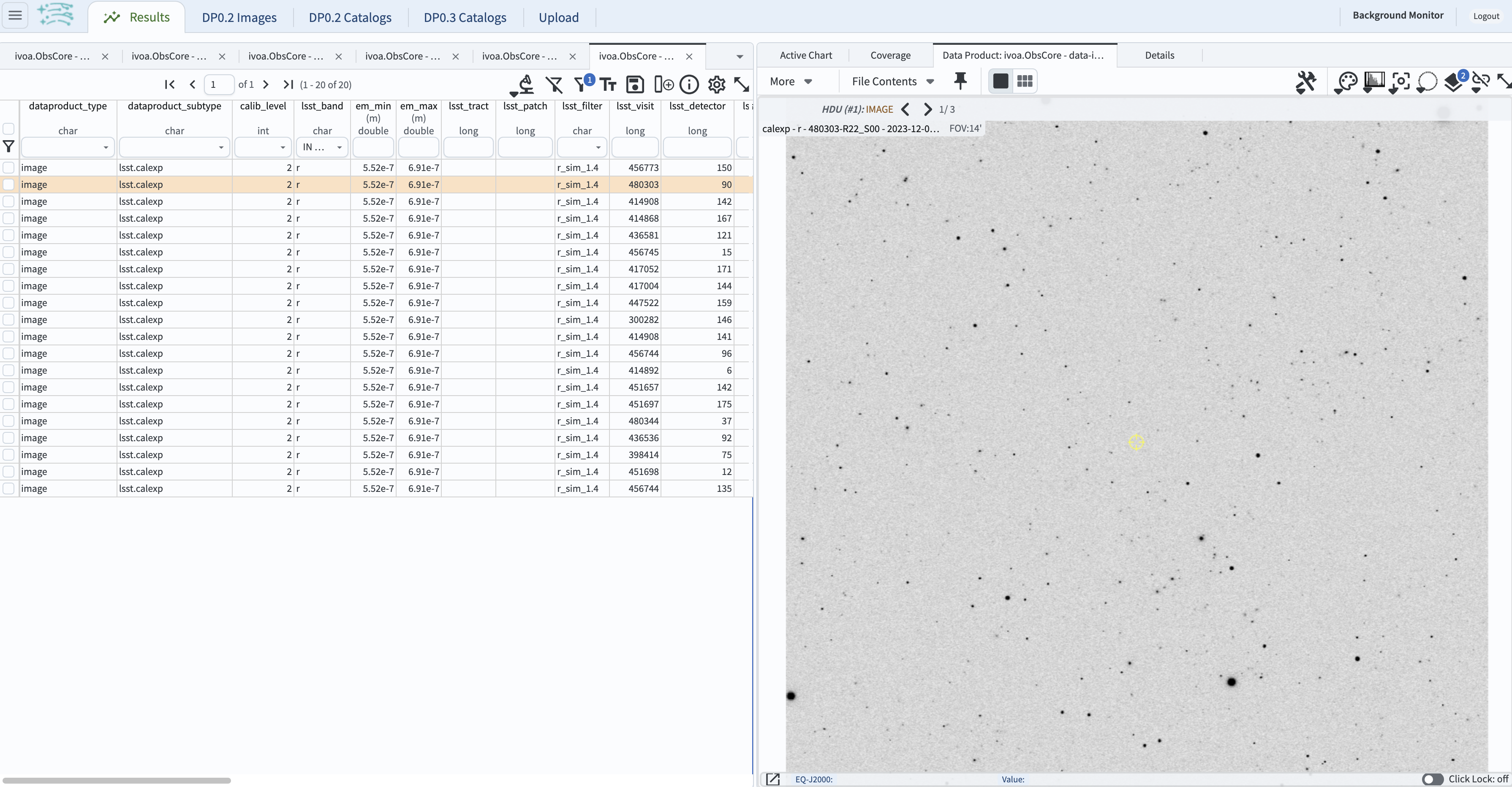 Screenshot of a portal query. The left image shows and image of the sky. The right image shows the data table with one row selected, that row selects the image on the left. Display of the image in row two of the table (with the view format set to "Tables / Coverage Images Charts").