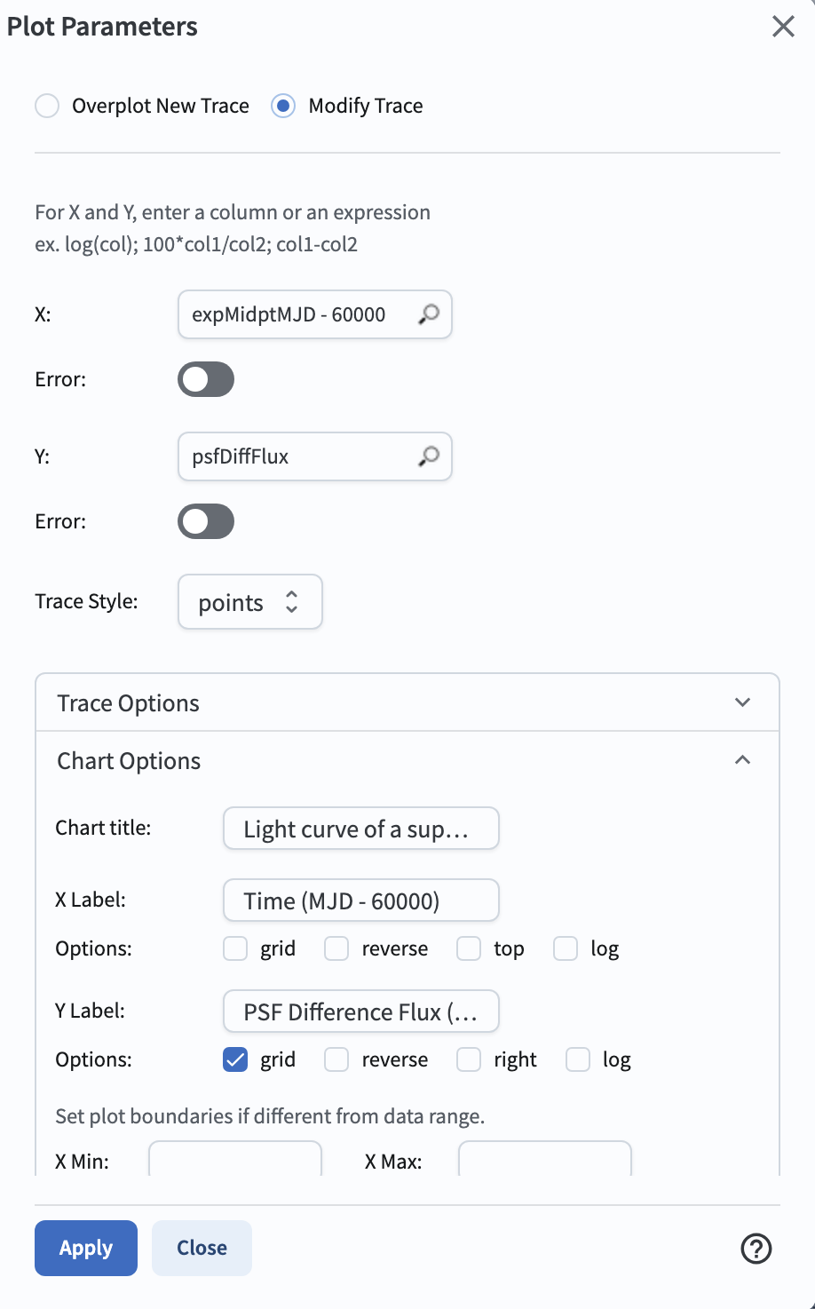 A screenshot of the plot parameters pop-up window, with the parameters set to display the i-band lightcurve.