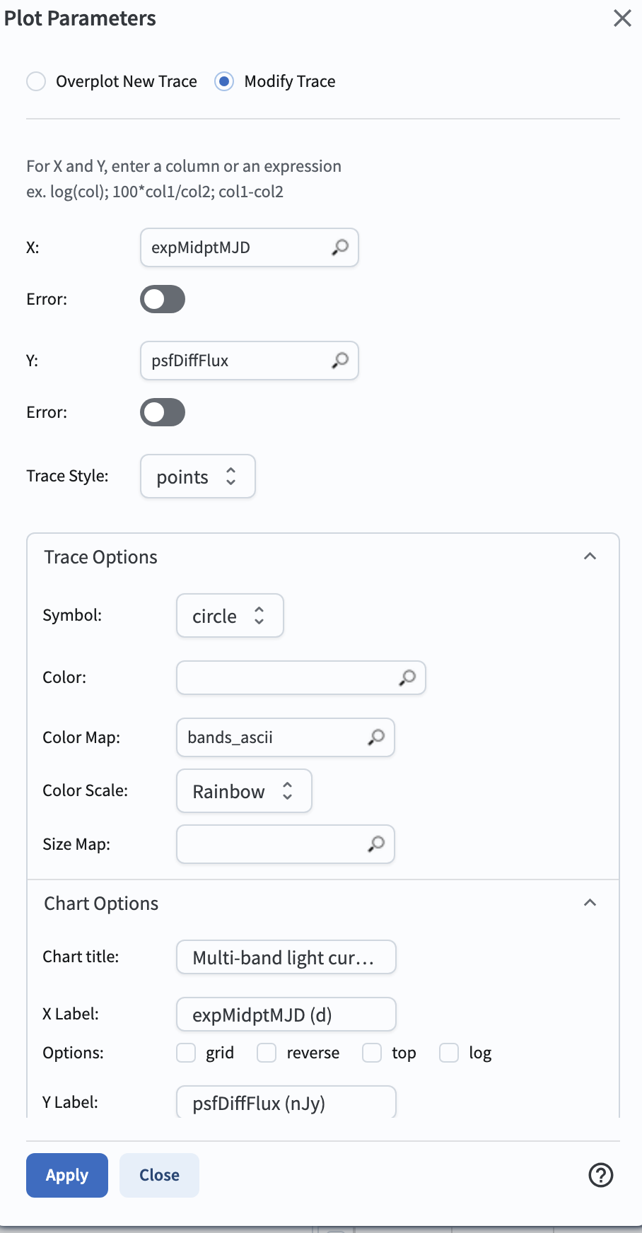 A screenshot of the plot parameters pop-up window that shows the trace options set for a rainbow colorscale based on the new column of ascii values.