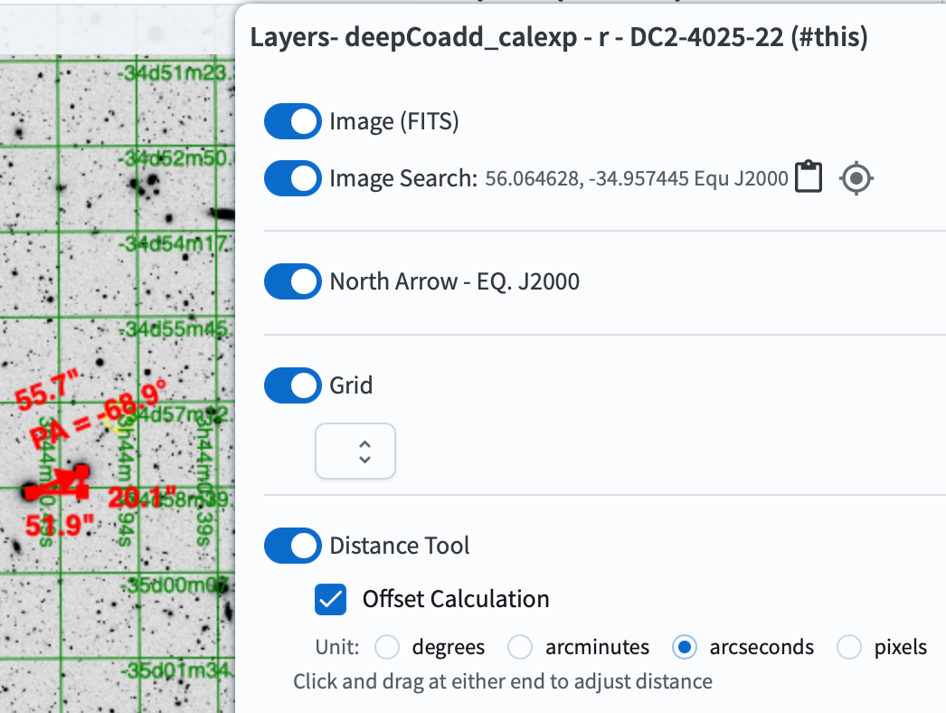 A screenshot demonstrating how to use the distance tool to display the angular separation between two points.