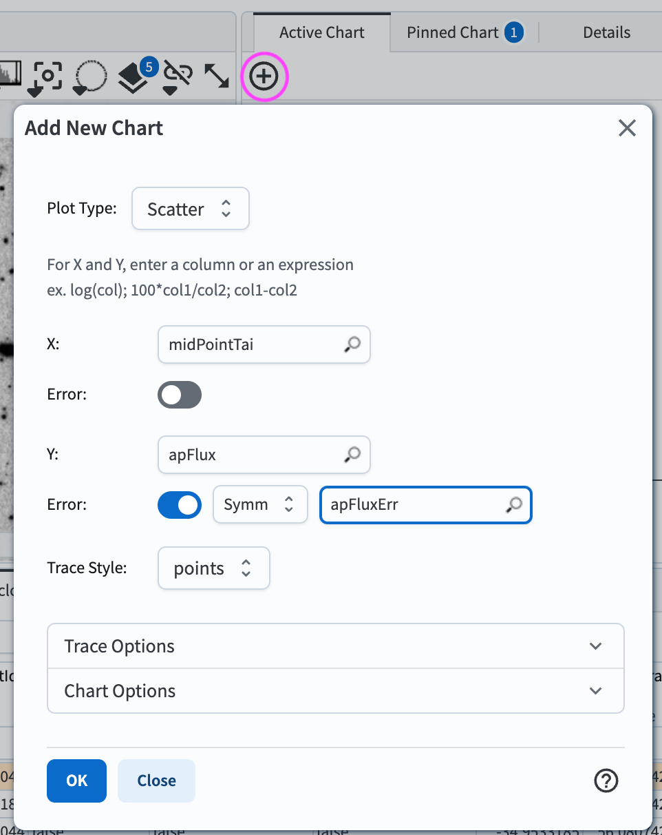 A screenshot of the "Add New Chart" pop-up window with X, Y, and y-axis Err fields are properly entered.