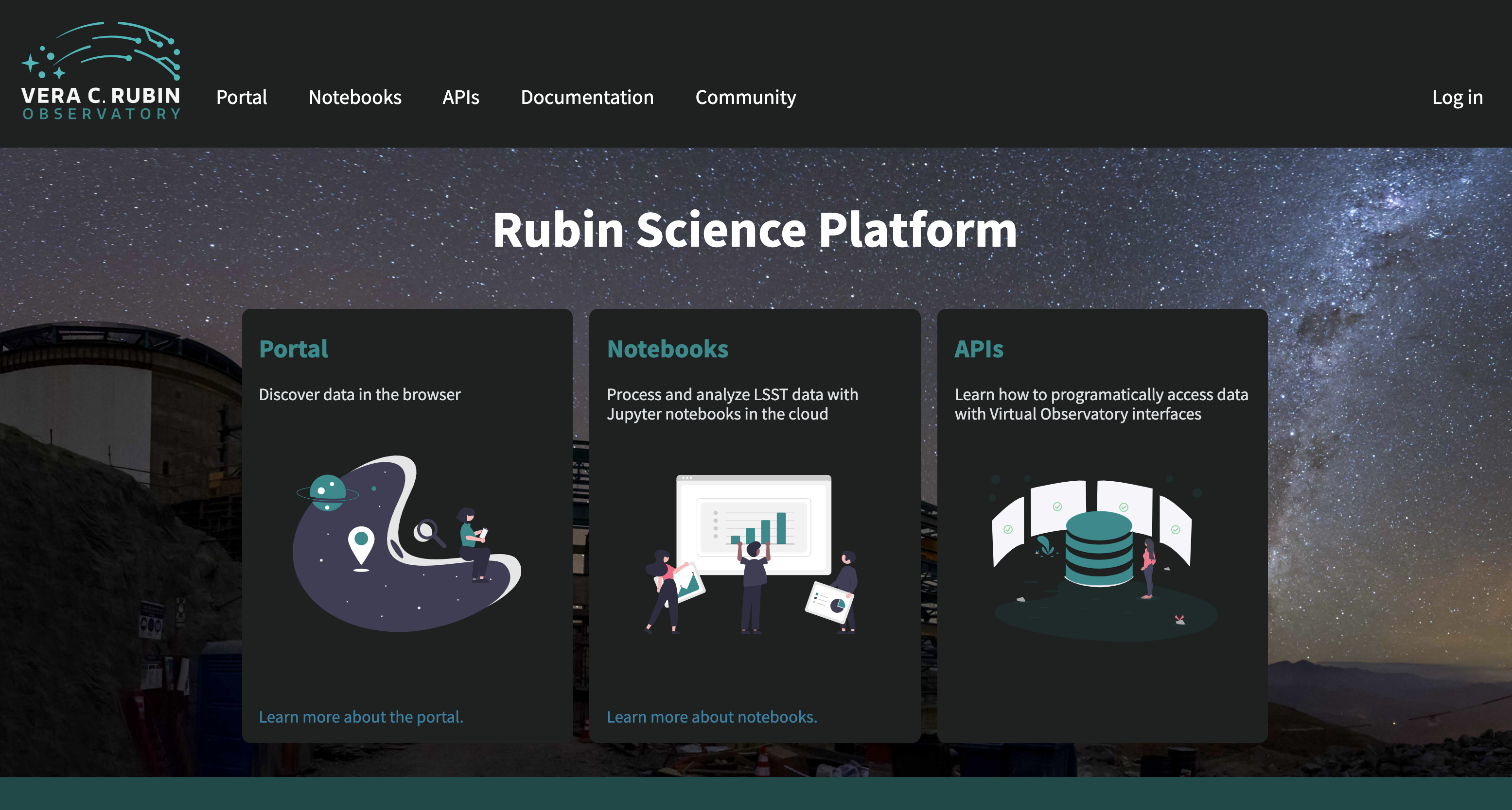 Screenshot of the rubin science platform login screen. Image has a menu on the top for the user to select the portal, notebooks, api, documentation, or community forum. The center of the image shows three panels to allow the user to select the portal, notebook, or API apsects.
