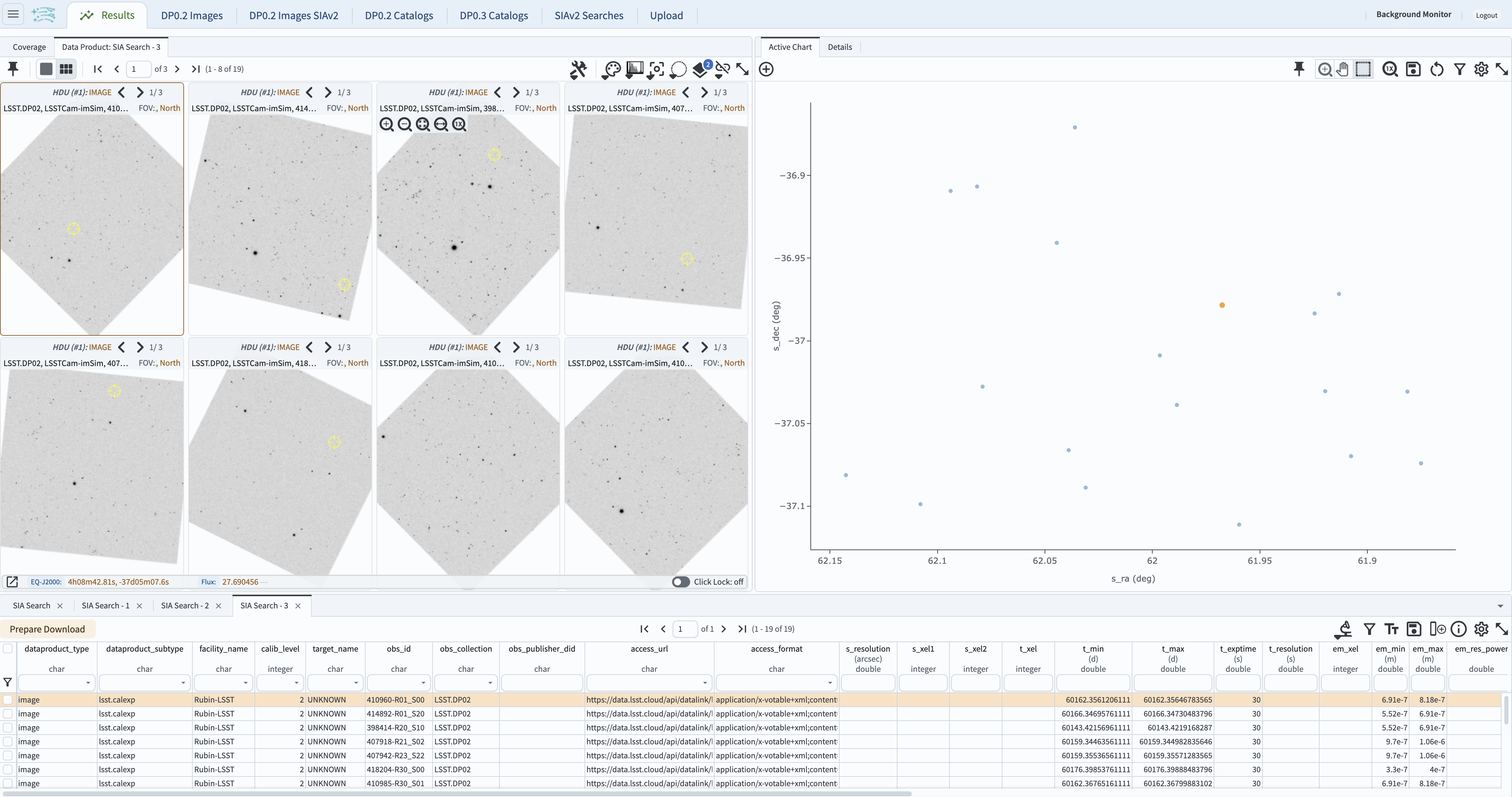 Screenshot of the window resulting from the execution of the search above but with North - up for all eight images.