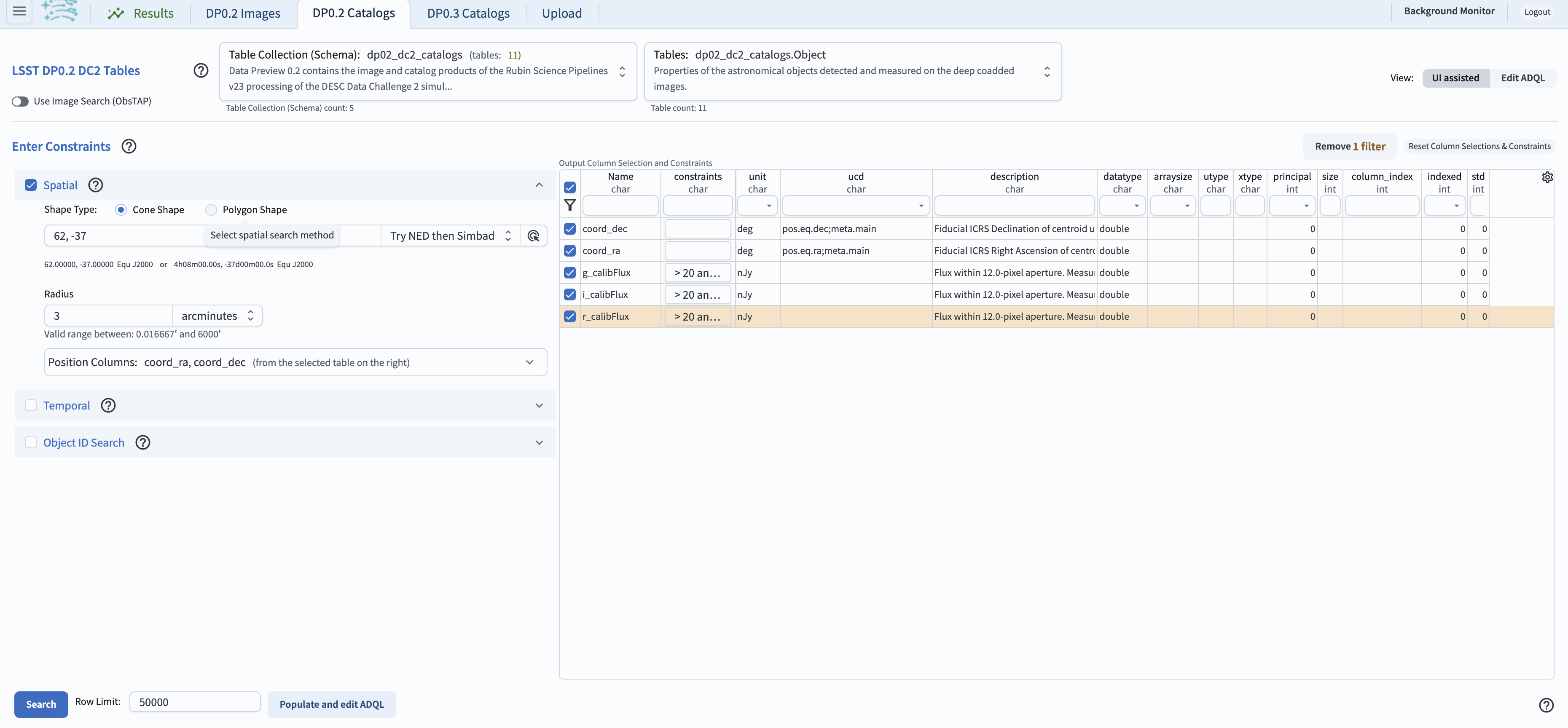 Screenshot of the rubin science platform portal query page. The user can select the type of service, the table from which to gather data, and select attributes from the table and put constraints on those attributes. The user may also select the number of data entries to return.