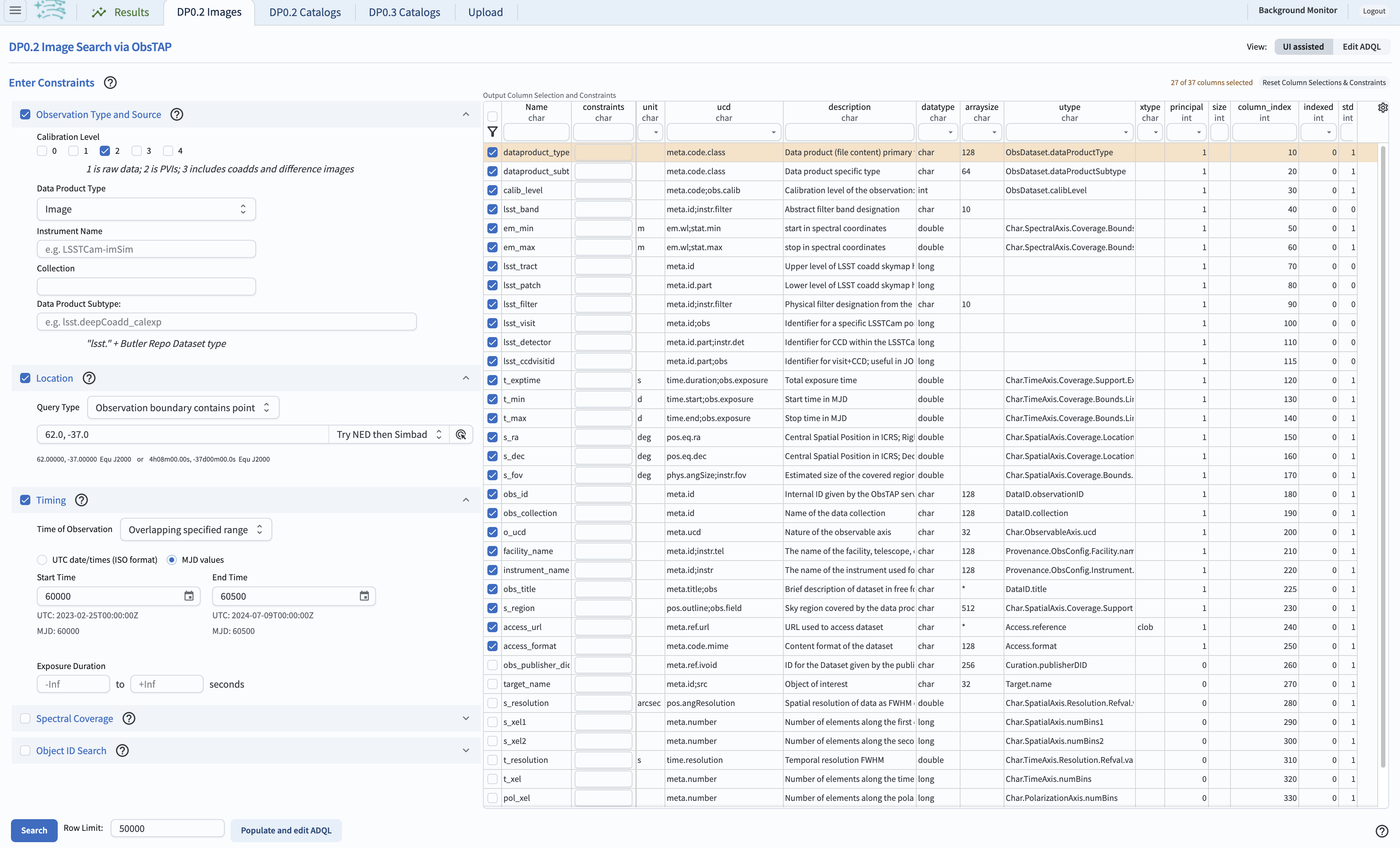 Screenshot of the user interface query for the portal aspect. The user can select the type of service to use for the query and enter constraints to access the data they need. The default interface for the "Image Search (ObsTAP)" queries, with example search parameters.