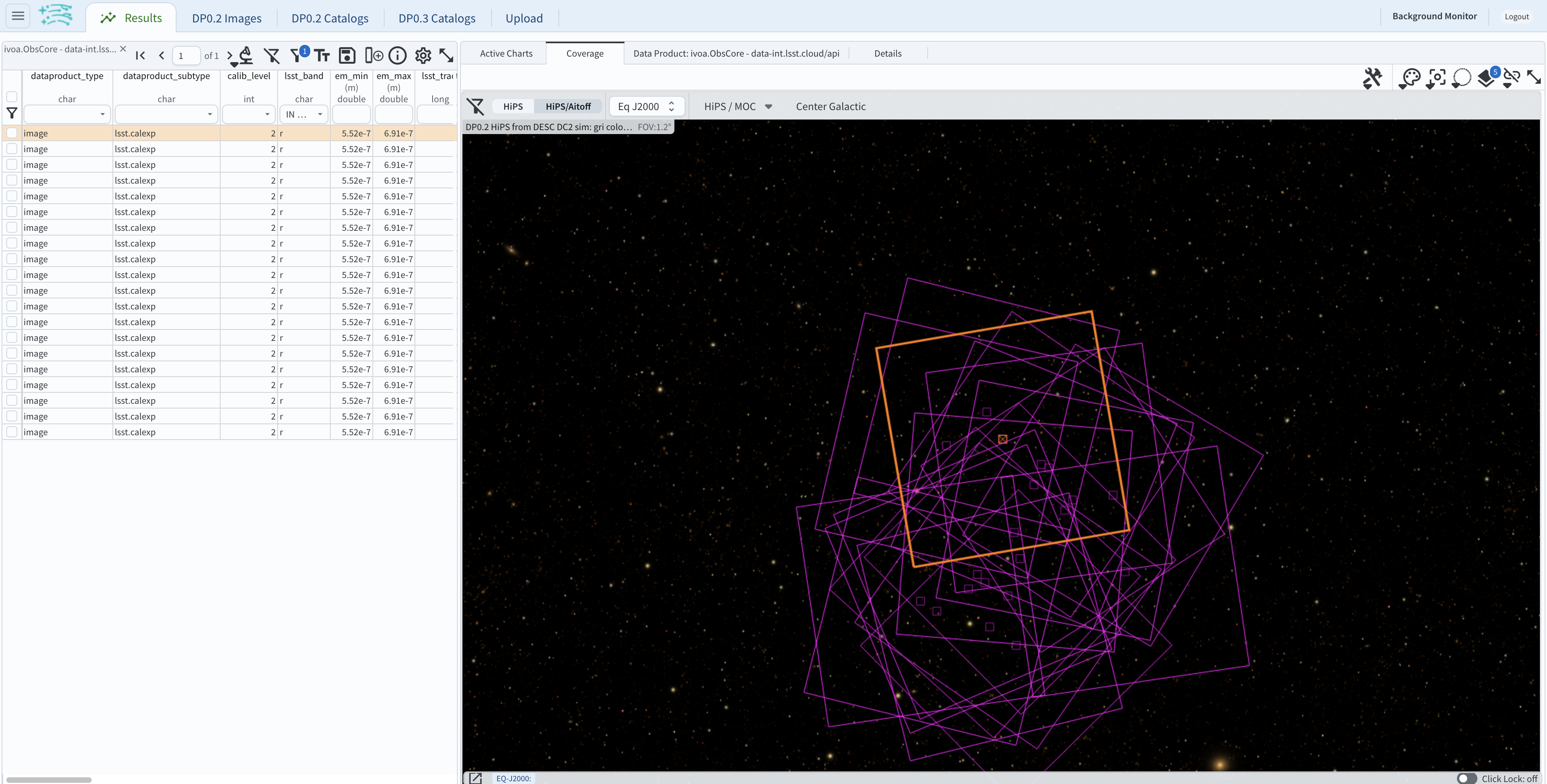 This image is a screenshot of a results interface display in the Portal aspect. At right the bounding boxes for images returned by the query are drawn onto an image of the night sky. At left there is a table which lists metadata such as visit identifier and units for the images returned by the query. The image demonstrates how users can click on a row in the table at left and the corresponding bounding box will be highlighted at right. The Portal "Results" view shows the bounding boxes of the retrieved DP0.2 images overplotted on a 2MASS image (in the future, the underlay will be LSST data) at the right, and the table of retrieved DP0.2 image metadata at left. The orange box at right corresponds to the yellow row at left.