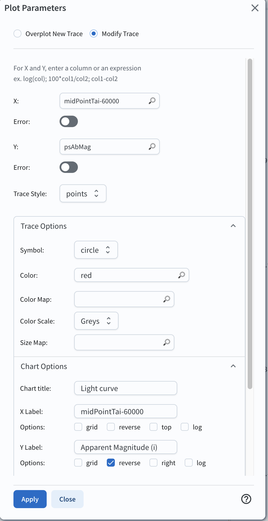 Plot parameters pop-up window, user can select various parameters then click apply and close to generate a light curve.