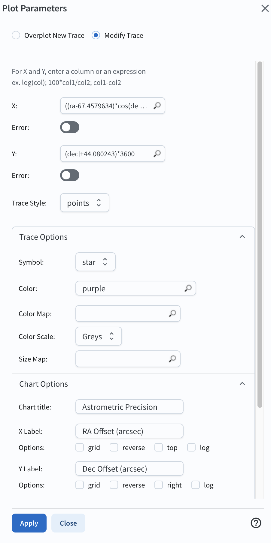 Dialog box to add plot parameters for an astrometric scatter plot.