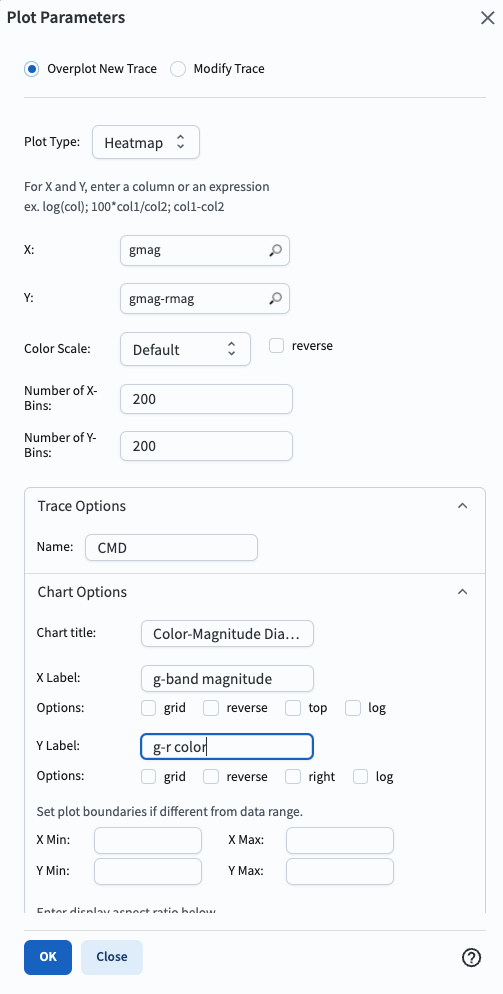A screenshot of the plot parameters pop-up window showing how the parameters should be set to create the heatmap.