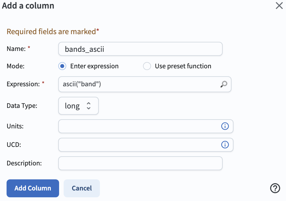A screenshot of the pop-up window for adding a new column that is the ascii for the band.