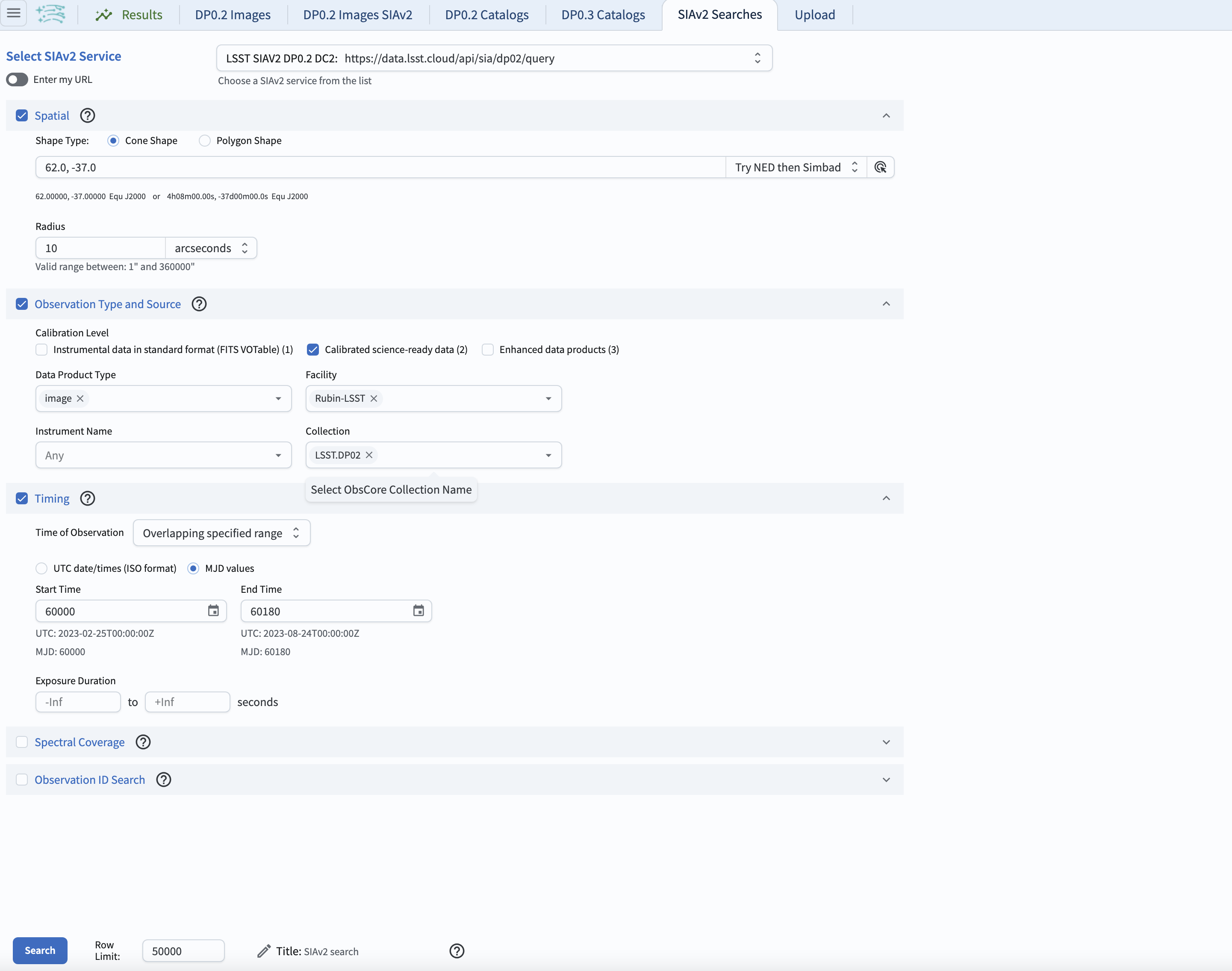 Screenshot of the window containing all parameters and ready to execute the search.
