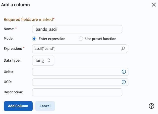 A screenshot of the "Add a column" pop-up window.