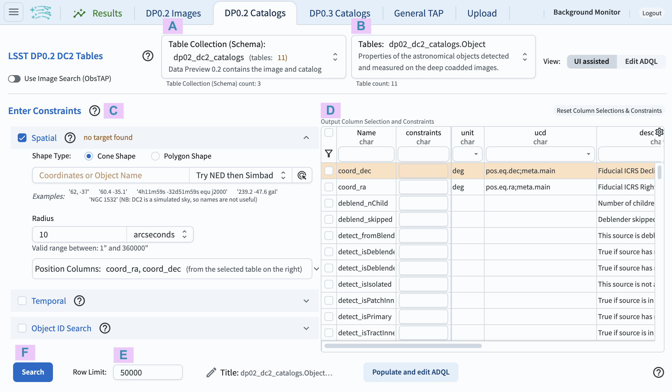 The graphical user interface for the Portal, offering drop-down menus to select catalogs and tables, entry fields for temporal and spatial constraints, and an interative view of the selected table schema.