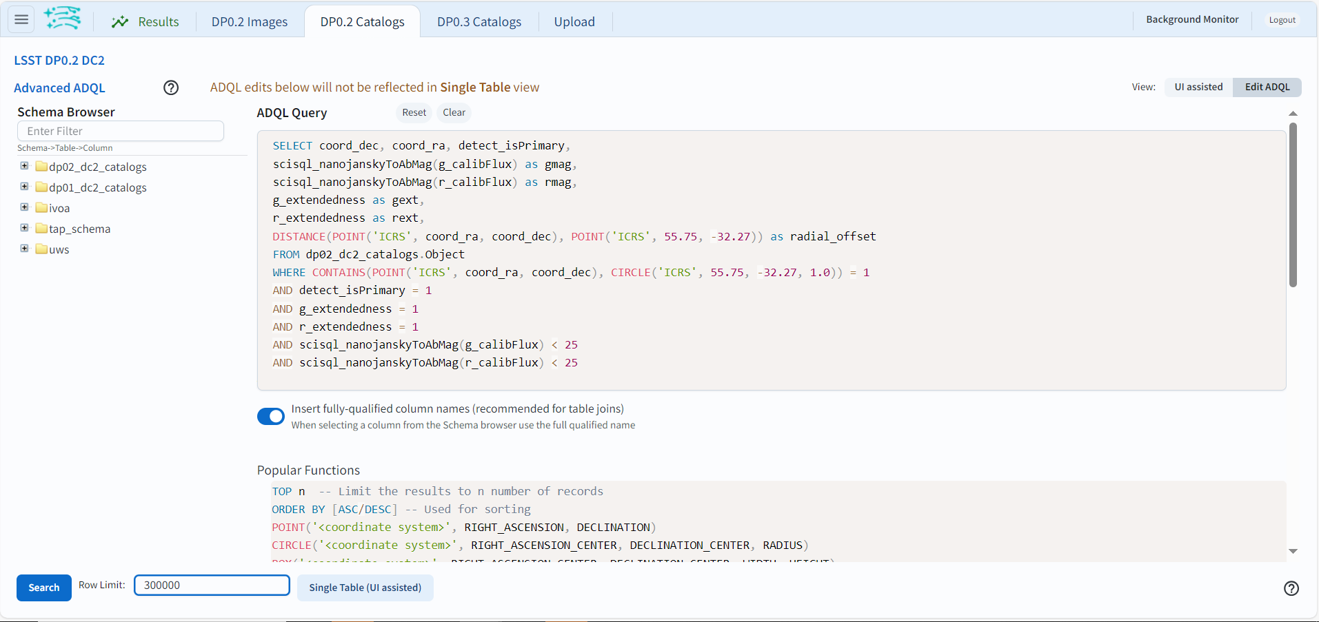 Screenshot of the Portal Aspect's ADQL query entry page, showing the query given above pasted into the query box and the Search button at lower left.