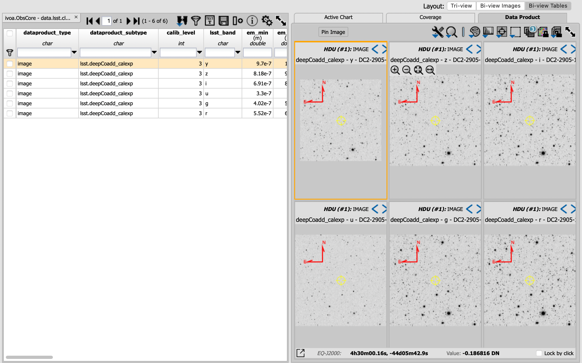 A screenshot of the default view for image display of six separate co-add images. The side panel on the right has a list of each of the coadd images and some of the descriptive information for the images.