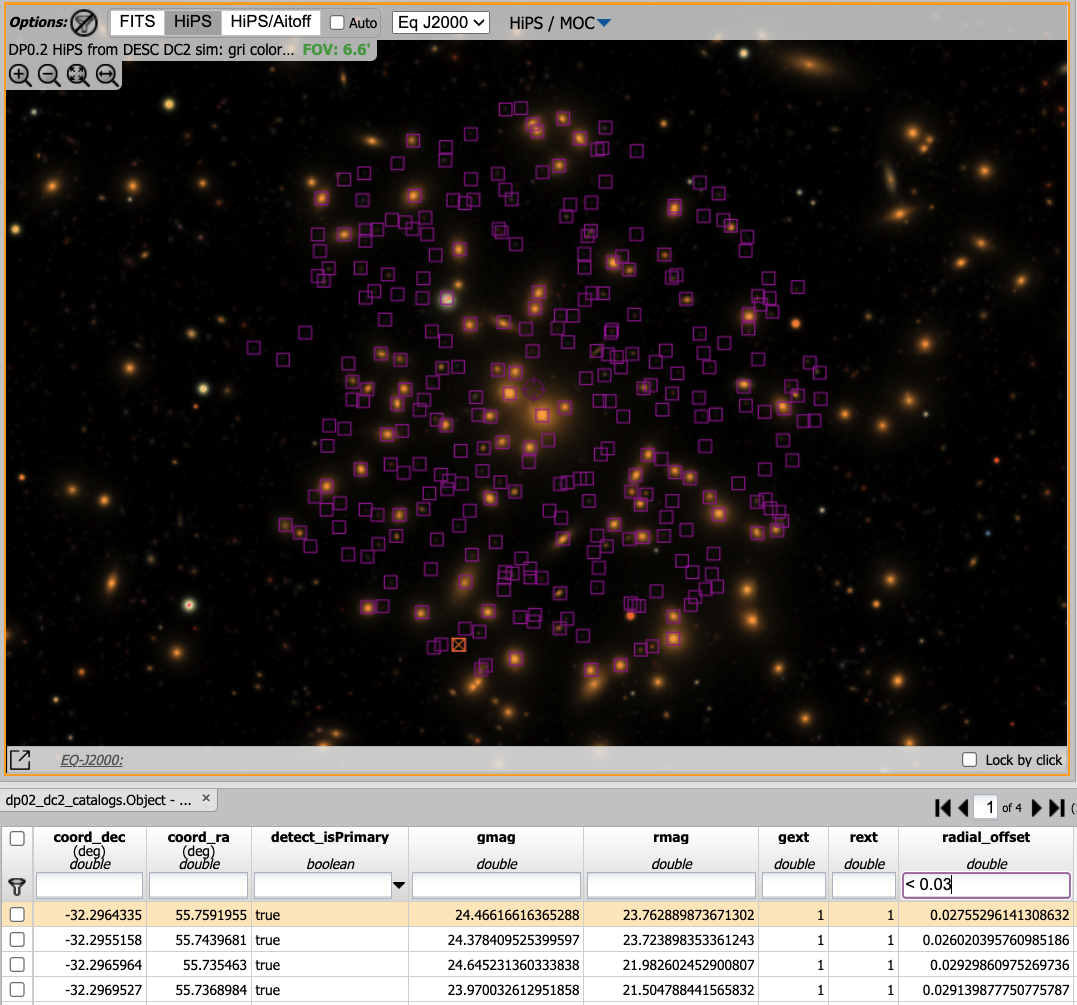 The sky image view of the galaxy cluster, with purple squares marking all objects within 0.03 degrees of the center.